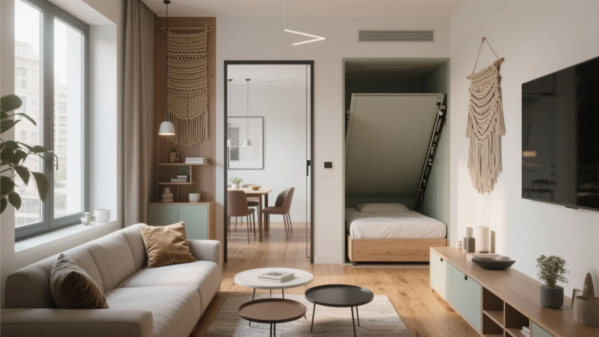 Modern living room featuring a grey sofa wooden floor white walls and a hidden bed