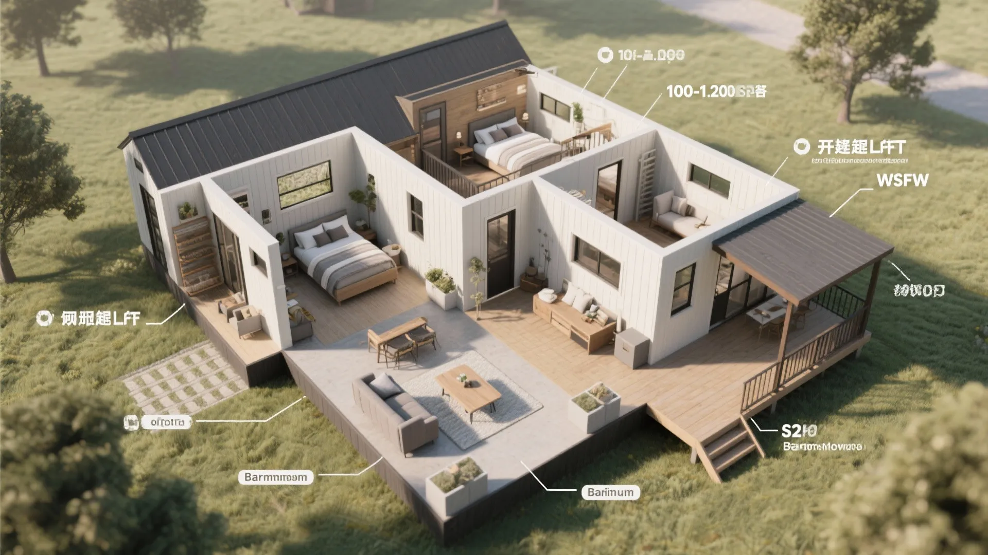 Top-down visual layout of a 2-bedroom barndominium showing zones and circulation
