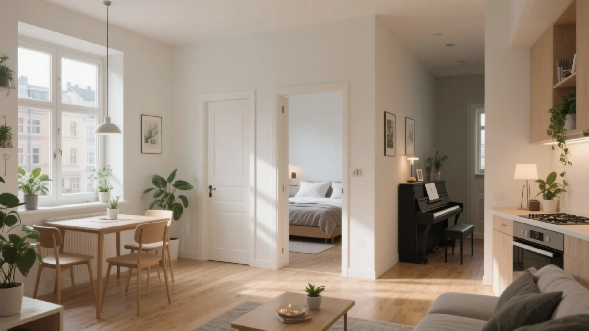 Modern bright living room with wooden dining table and chairs near kitchen and bedroom view