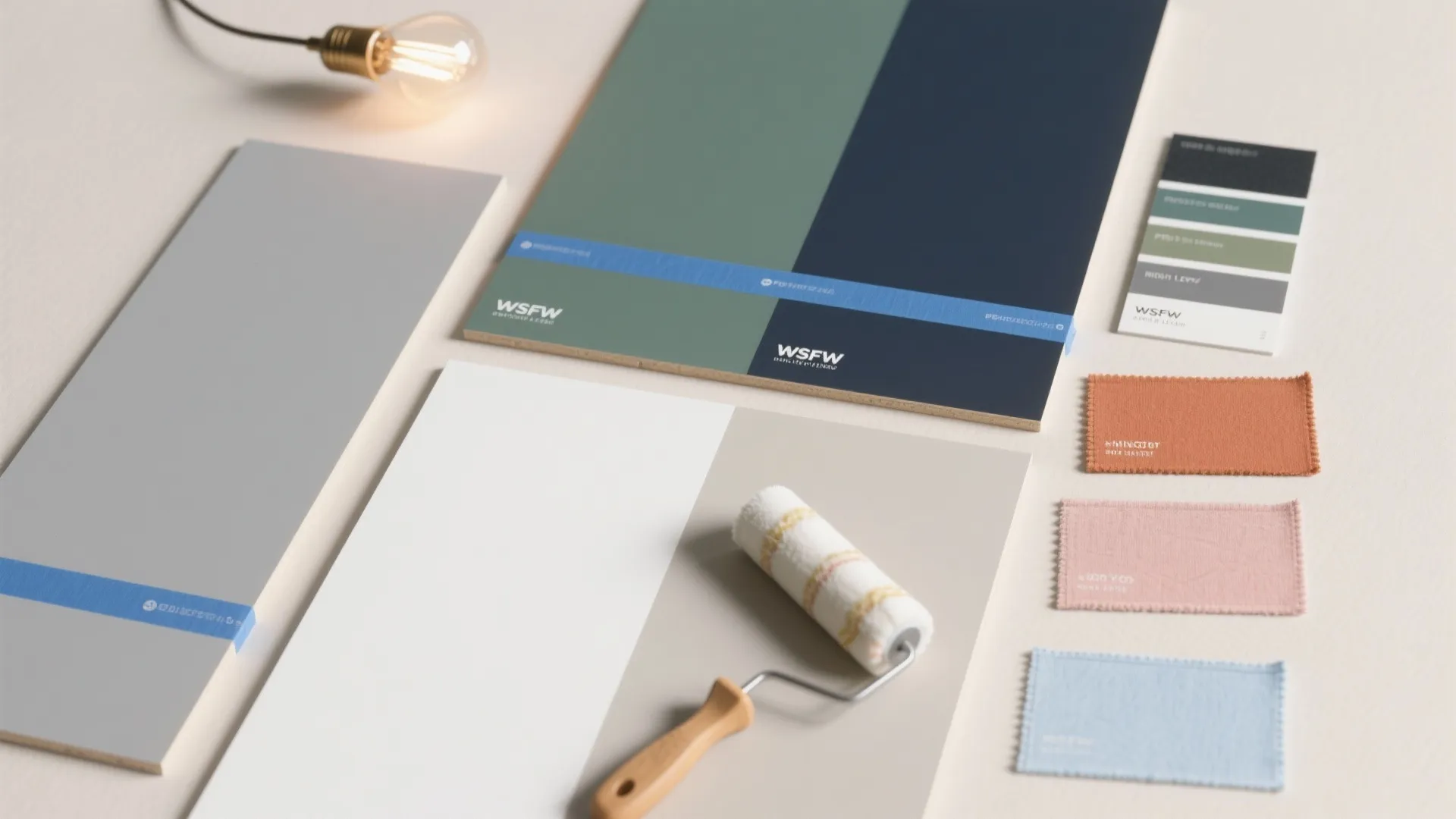 Interior design material board with paint color samples fabric swatches a light bulb and paint roller