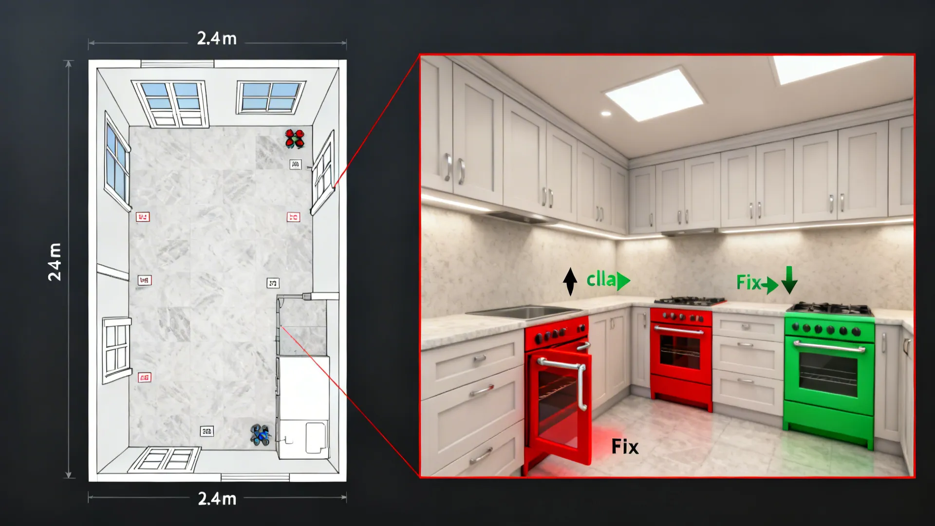2D plan and 3D view show a galley kitchen handle colliding with an oven door and the corrected layout.