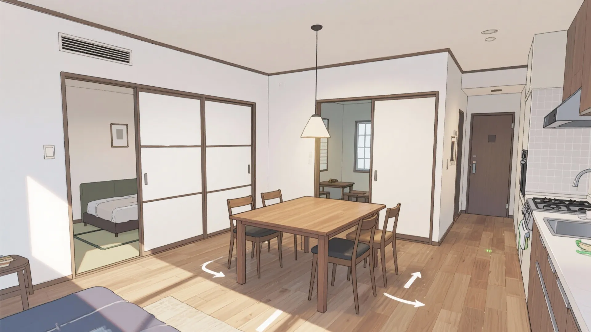 ダイニング中心の動線計画で、2DKを“ひと続き”にする（動線規模の見直し）