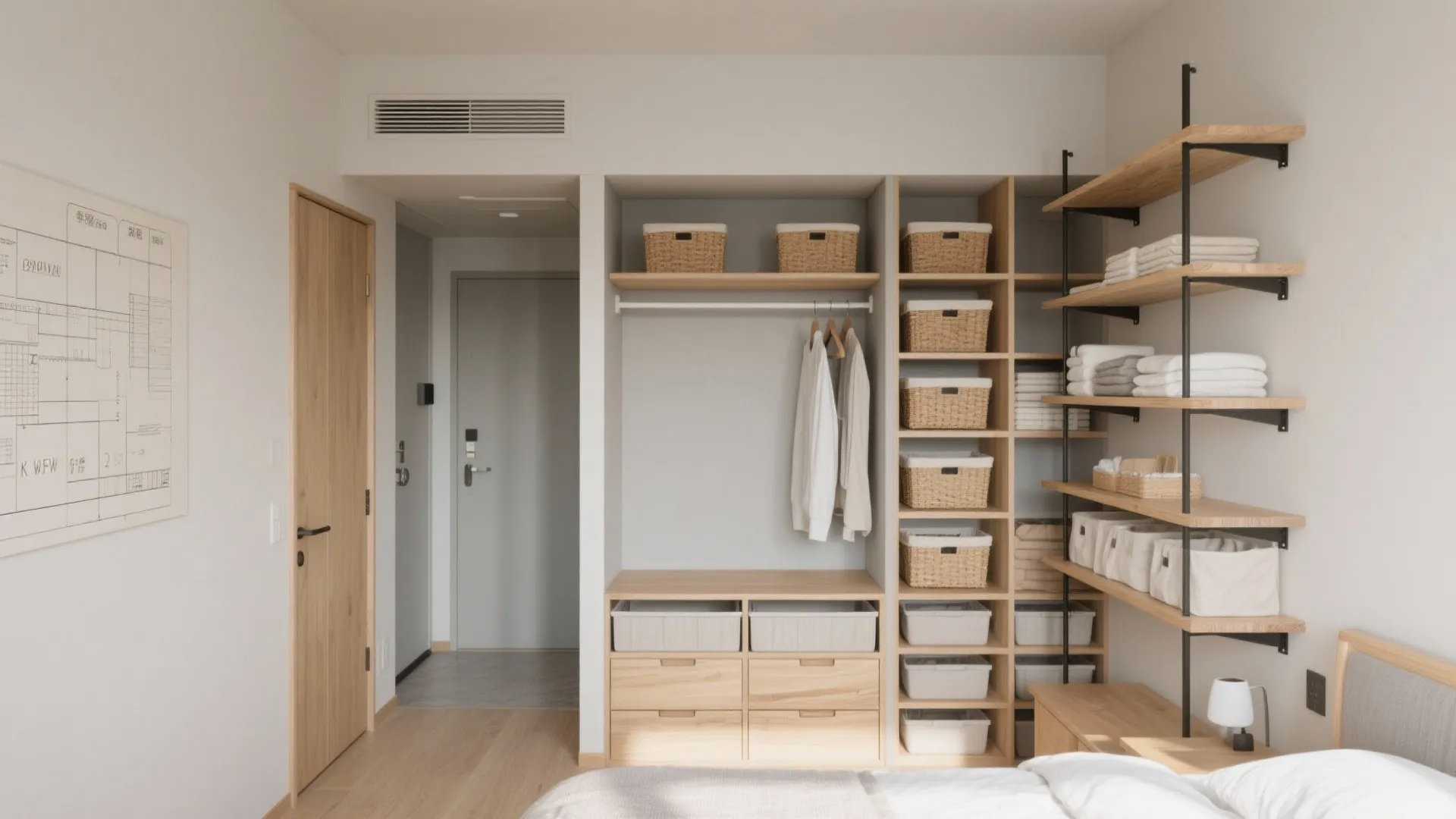 収納技巧で2室を“役割固定”：出入り口付近に集約し居室を広く保つ