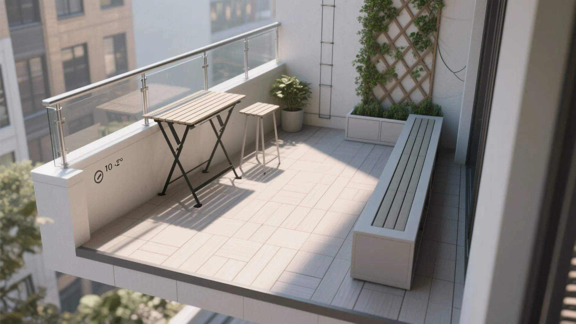 Modern apartment balcony with wooden floor tiles small folding table metal stool and long storage bench