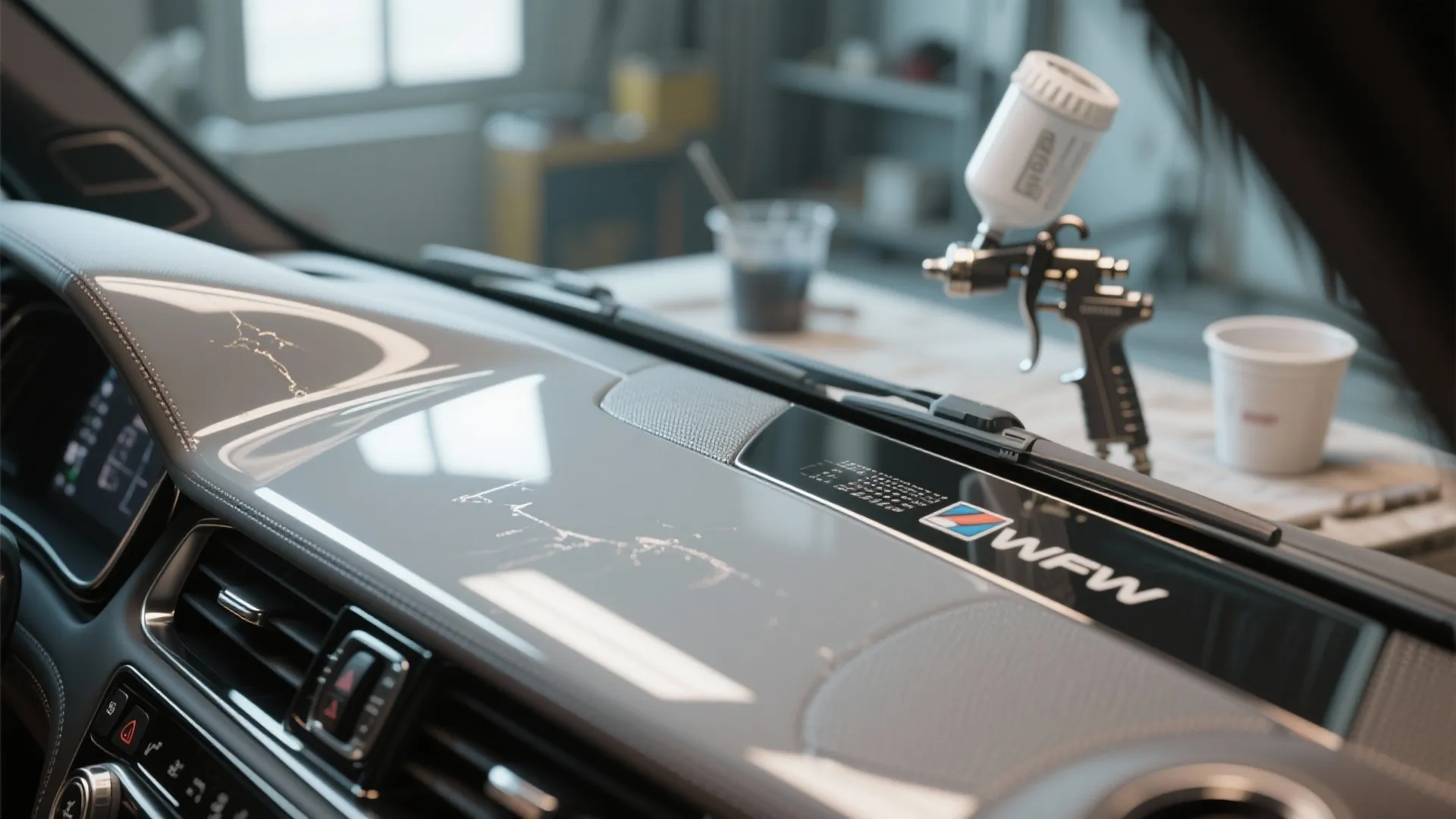 Macro close-up of a center console surface finished with durable 2K urethane showing hard-cured reflections.