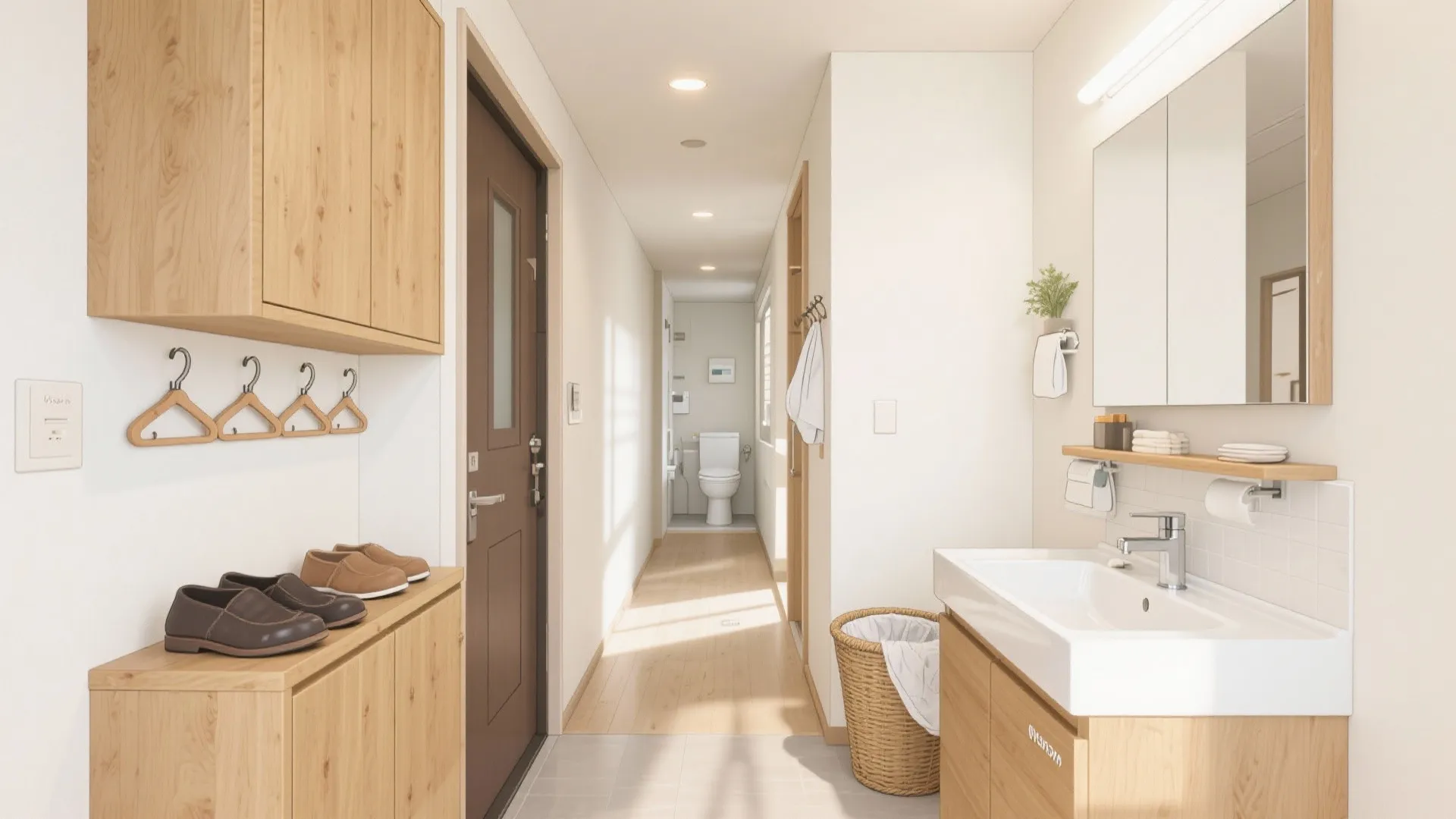 玄関〜洗面の“支度動線”は一本化（動線规划で朝を短縮）