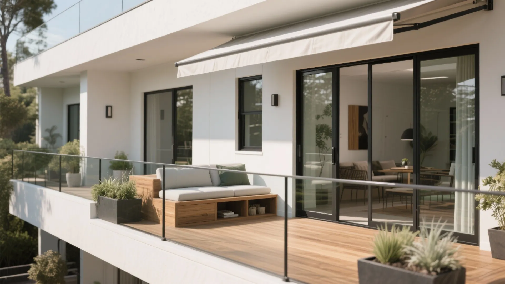 Modern balcony with wooden deck, glass railing, white sofa, green pillow, plants, and retractable awning