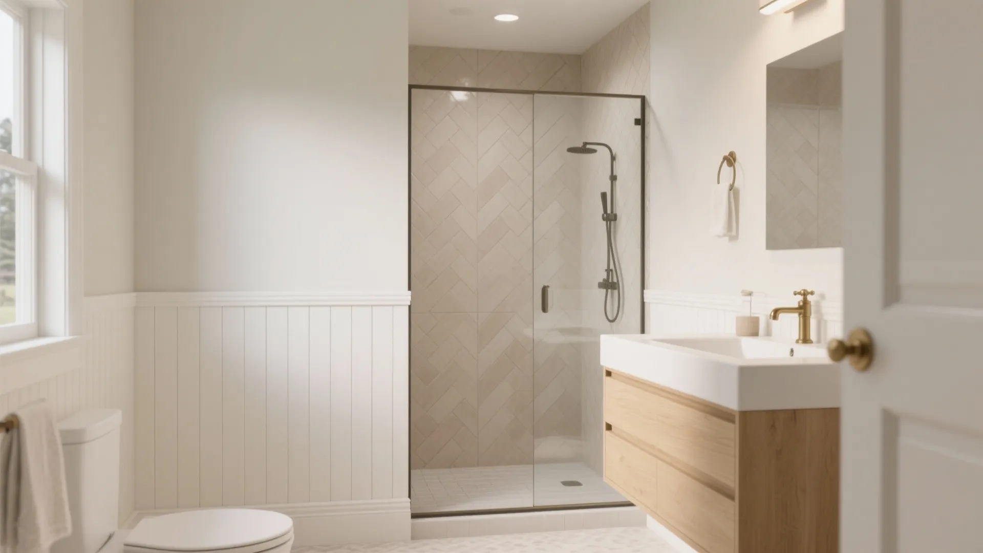 Bright bathroom featuring glass shower door wooden vanity white toilet wall panel and gold light fixture