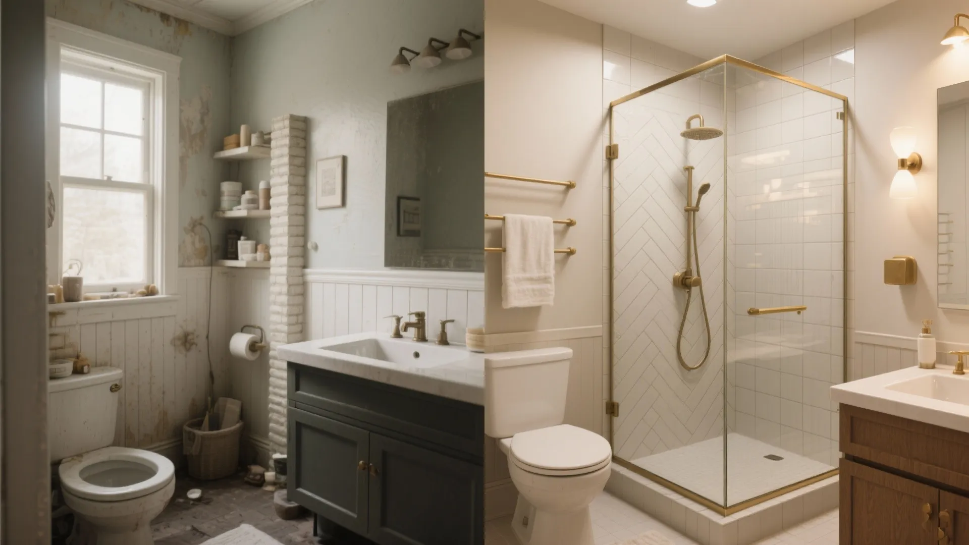 Before and after comparison showing old messy bathroom transformed into clean modern shower and vanity area