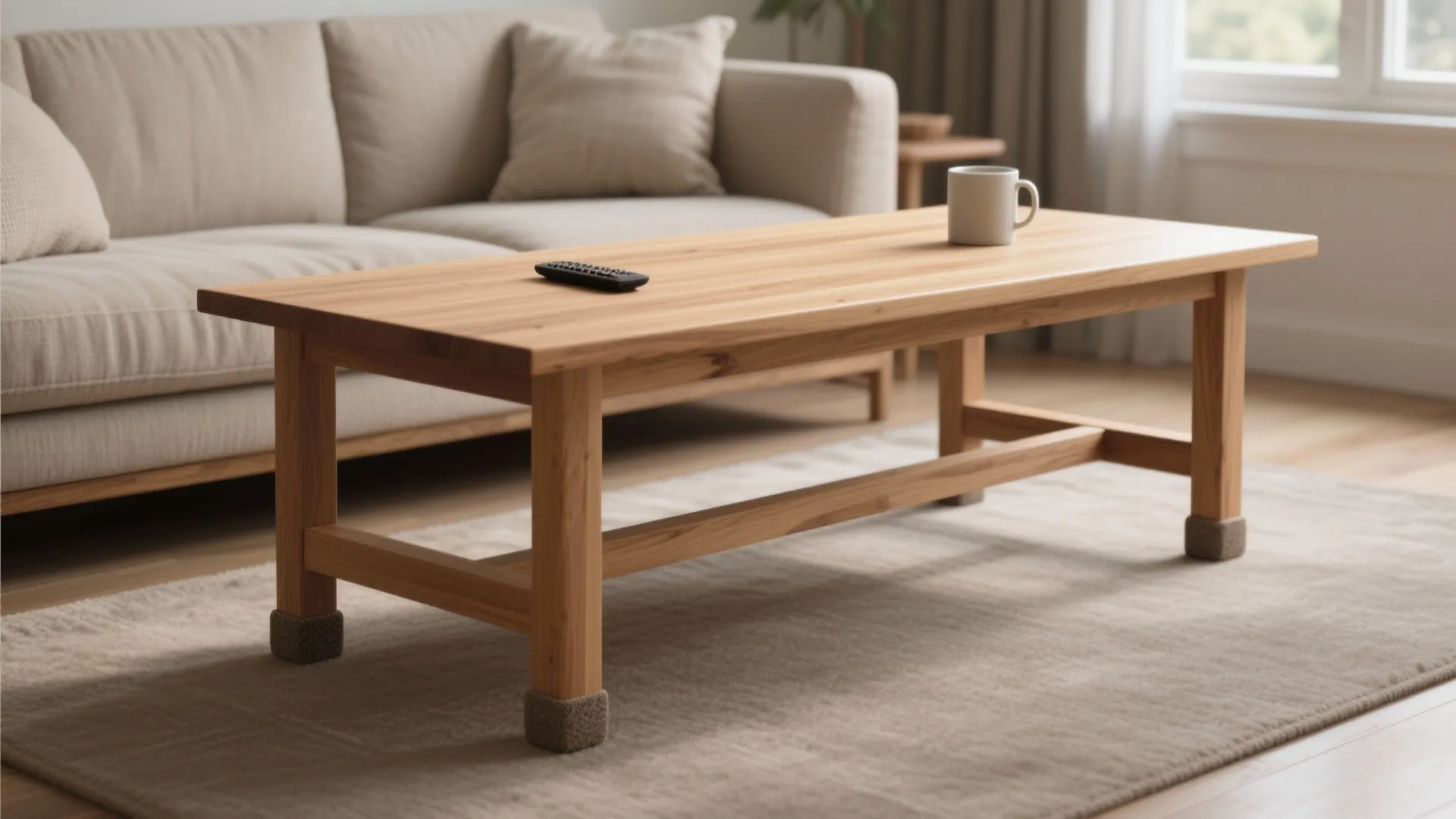 Light wood coffee table with white mug and black remote on rug near beige sofa
