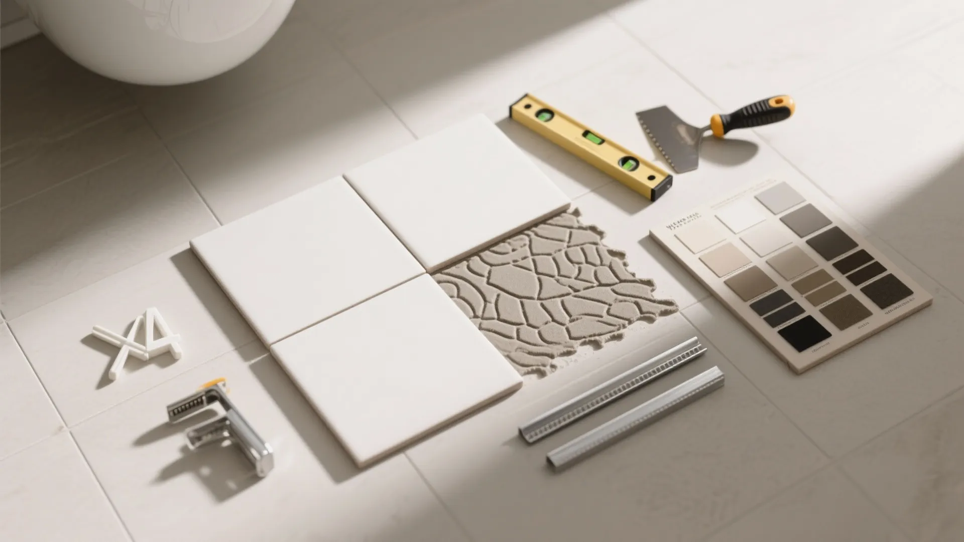 Top-down flatlay of 2x4 tiles, grout swatches, spacers, trims, and tools for bathroom planning.
