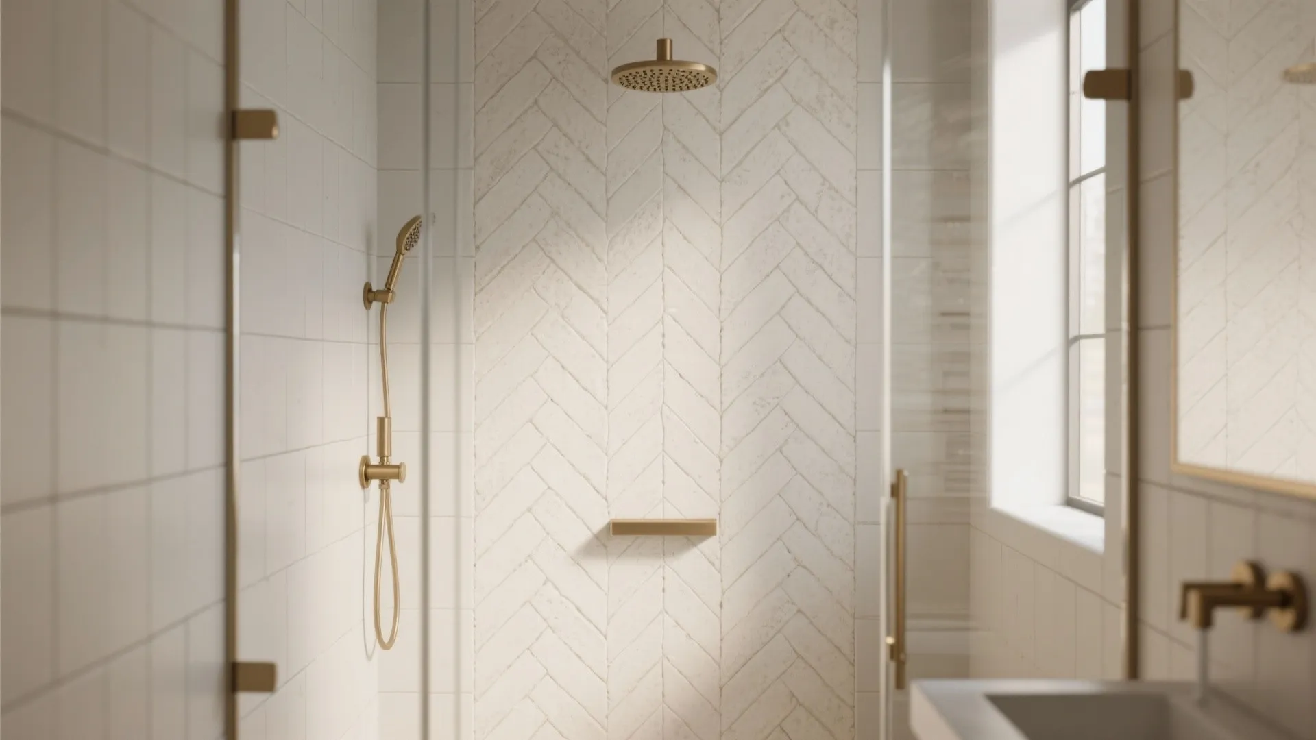 Modern bathroom shower with white wall tiles and gold shower head plus handheld spray nozzle