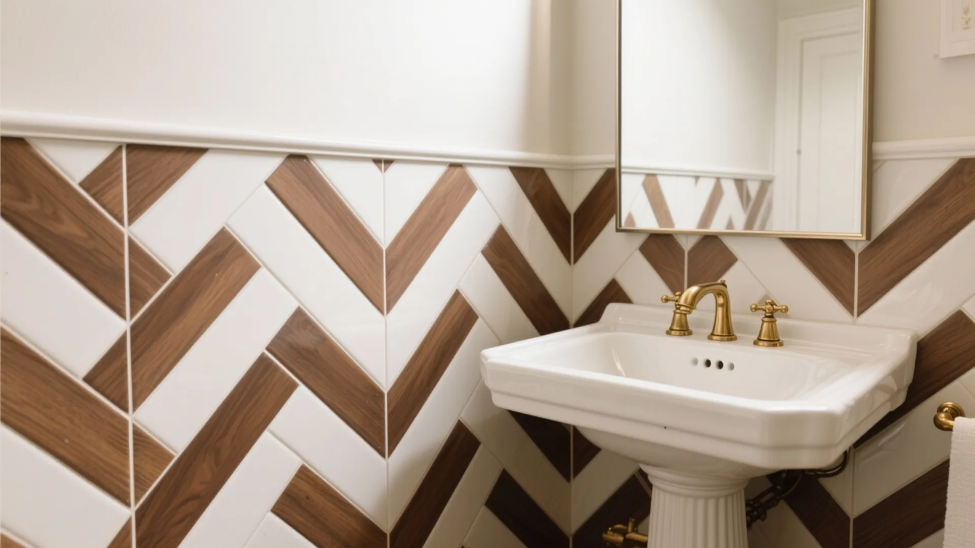 Powder room with a 2x4 herringbone tile wainscot capped by a slim metal edge behind a pedestal sink.