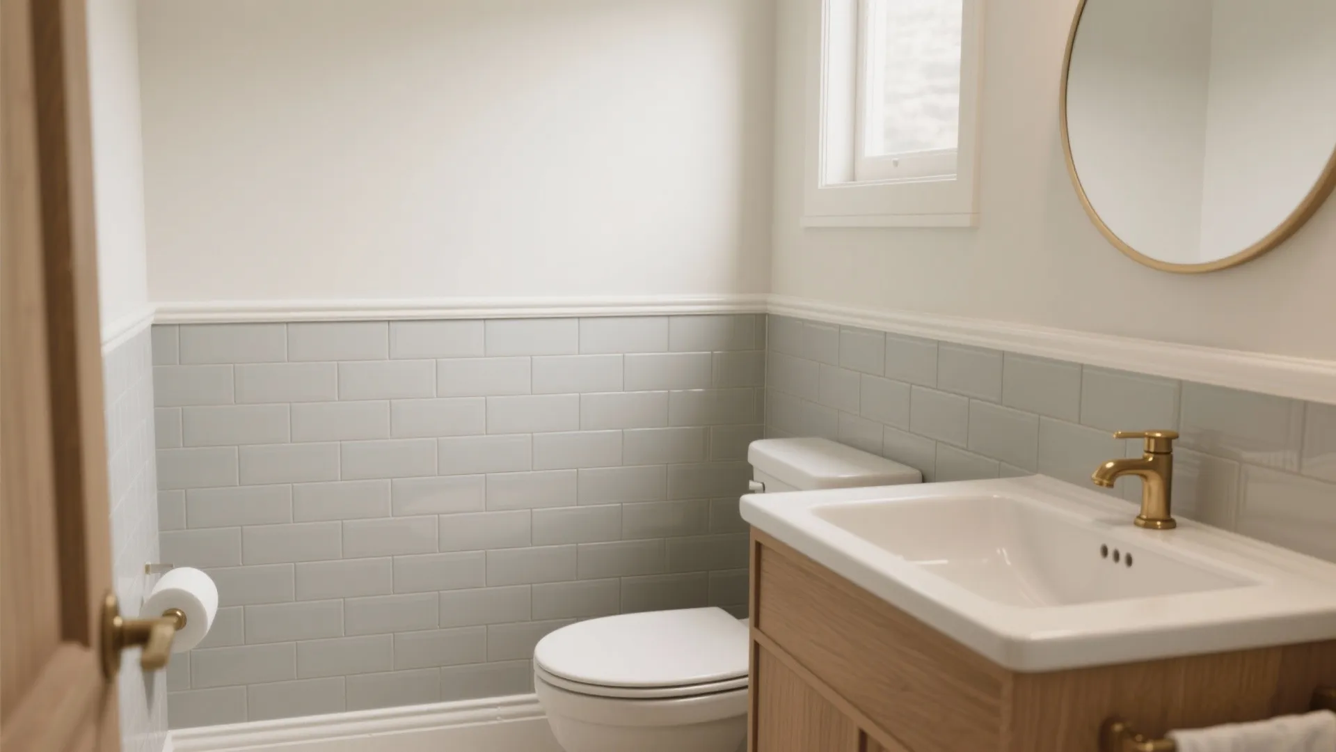 Modern bathroom with white wall panel green tiles white toilet wooden cabinet and gold water tap