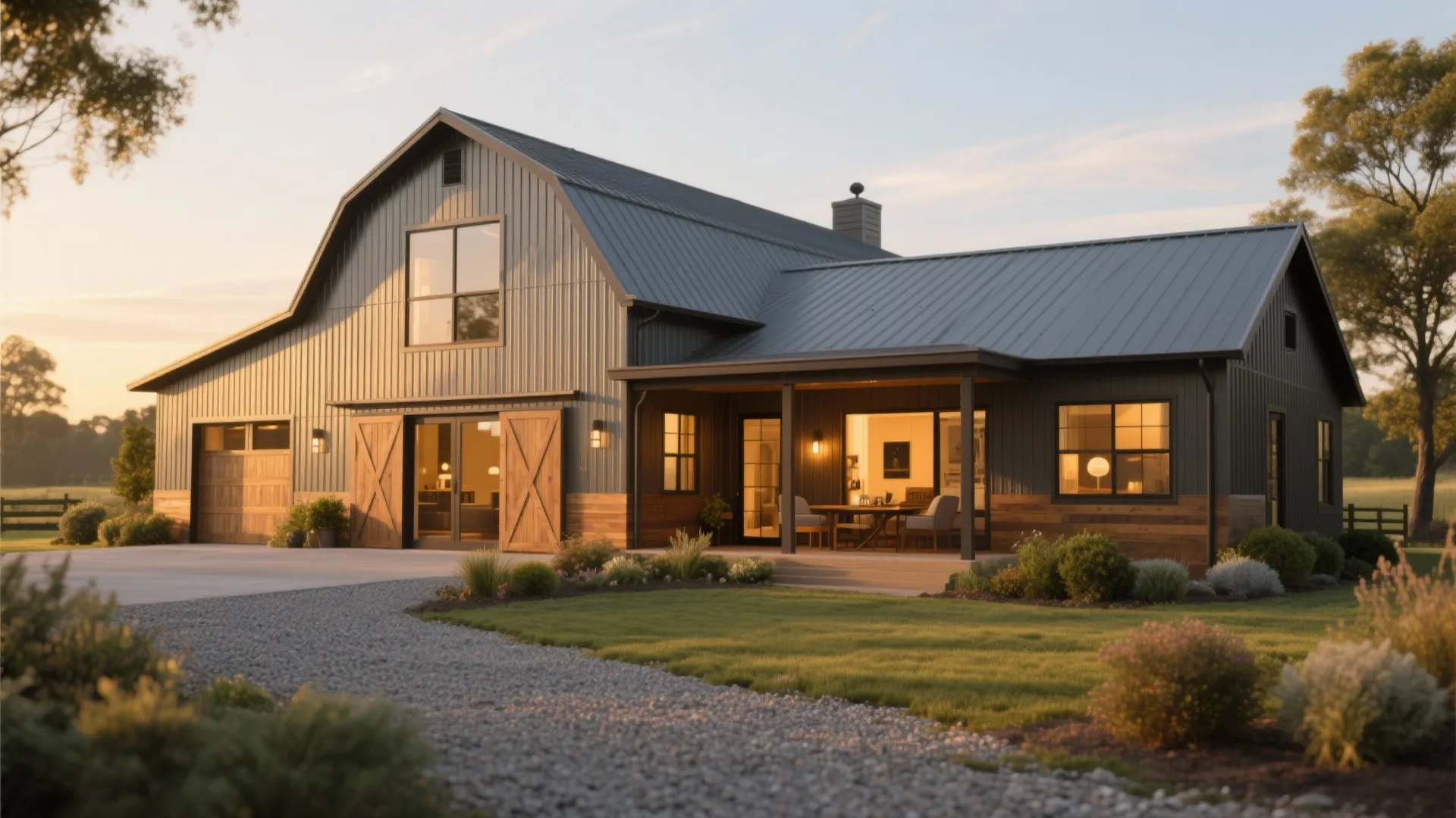 Modern dark grey farmhouse exterior featuring large windows wooden doors gravel driveway and green grass
