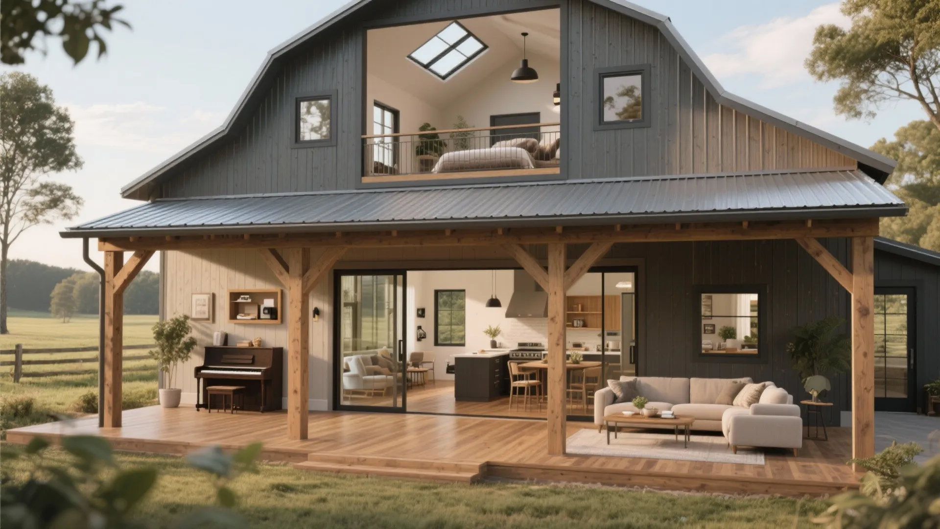 Two story grey barn house with large wooden porch outdoor sofa piano and upstairs balcony view