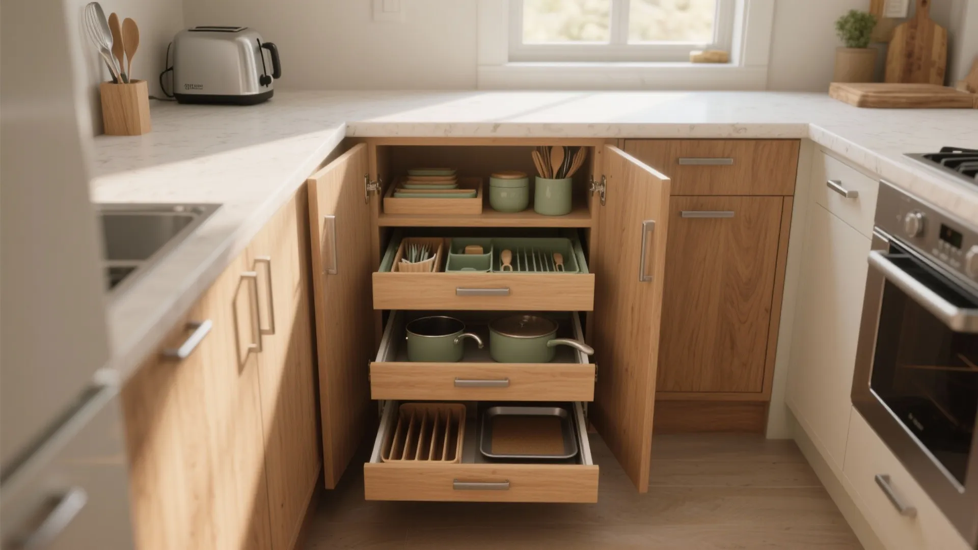 Open wooden kitchen cabinet with three pullout drawers holding green pots pans and cooking tools
