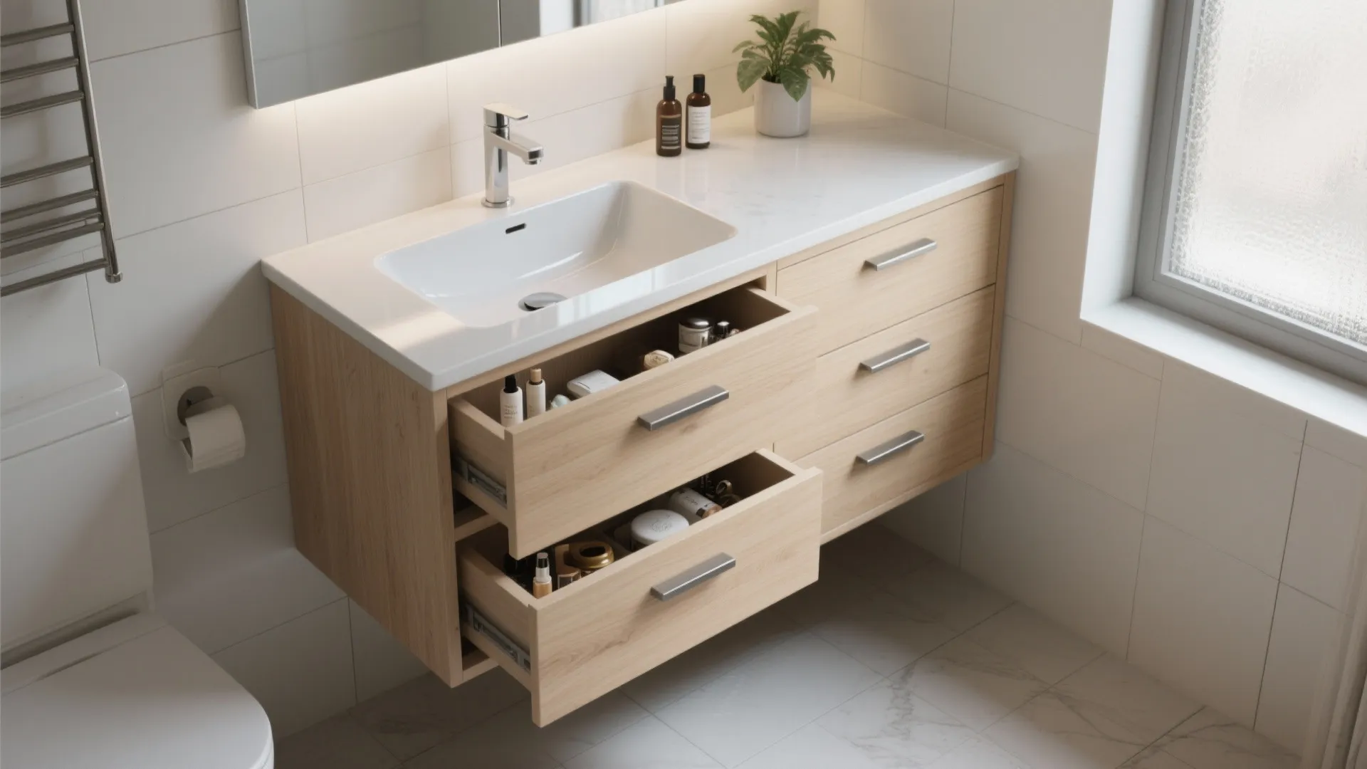 Modern bathroom with wooden cabinet featuring open drawers for storage plus a white sink basin