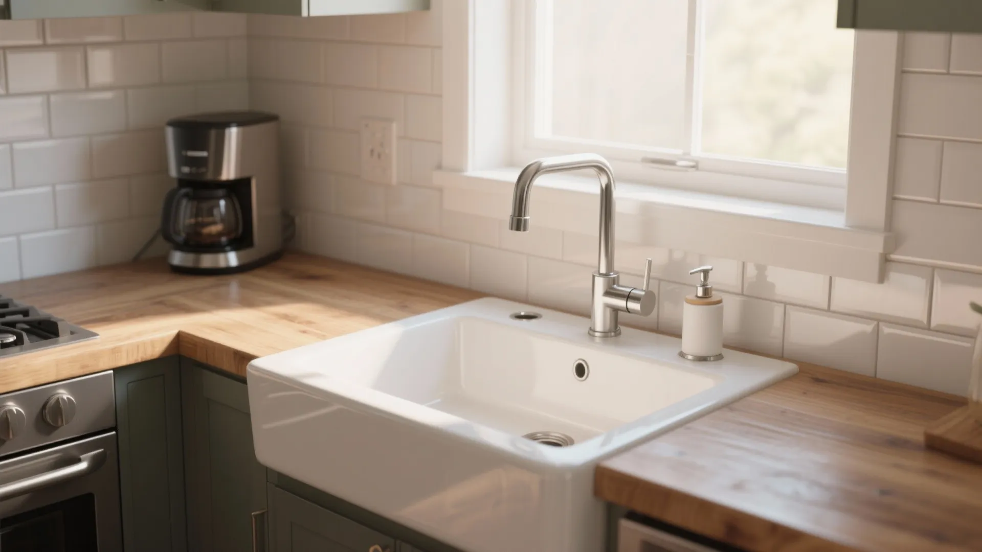 White kitchen sink with silver faucet on wood countertop under window with a coffee machine