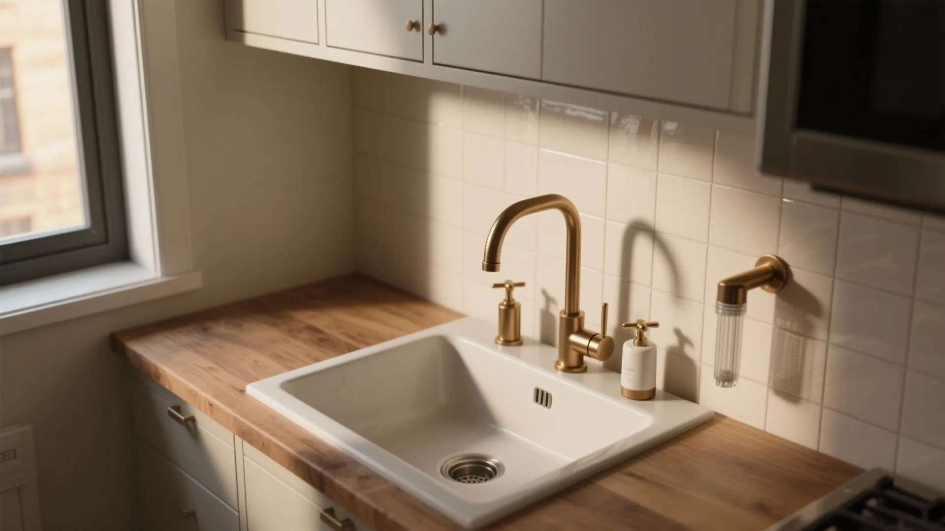 Modern kitchen with white sink gold faucet wood countertop white wall tiles and overhead cabinets