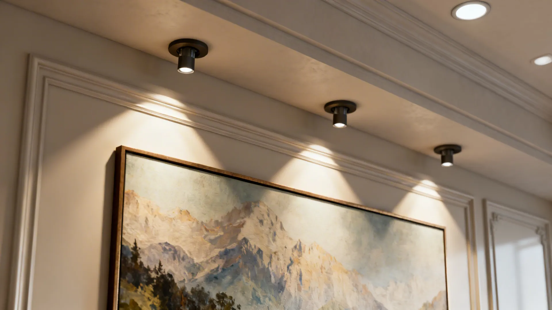Feature wall artwork highlighted by 3-inch recessed accent trims with 4-inch ambient cans in the background.