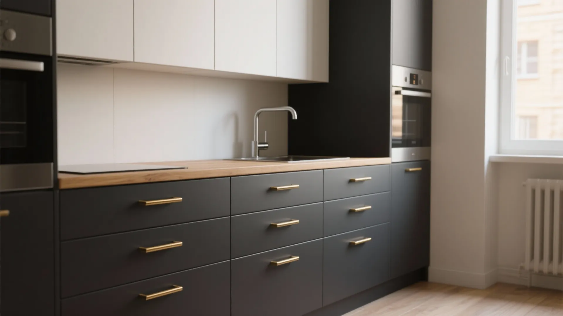 Modern kitchen with black cabinets and gold handles featuring a wooden countertop and silver sink