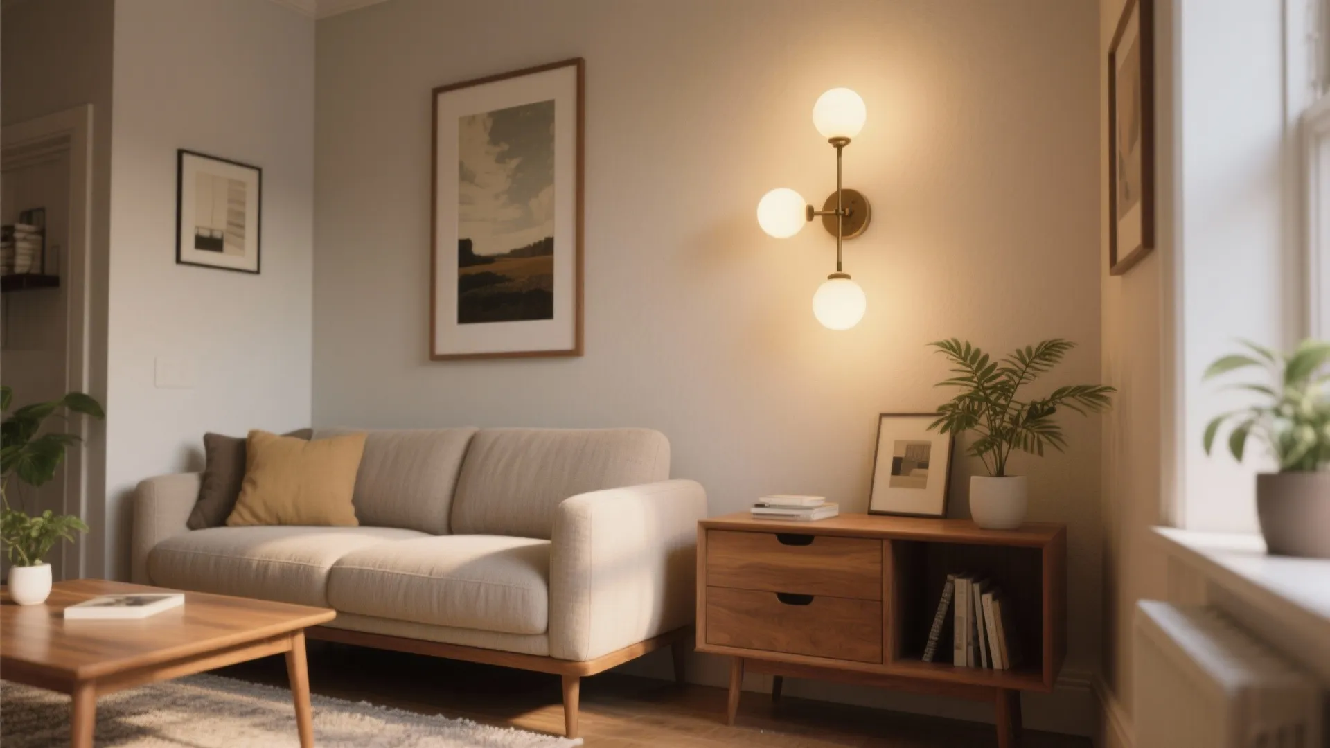 Modern living room with beige sofa wood cabinet and a three light wall light fixture