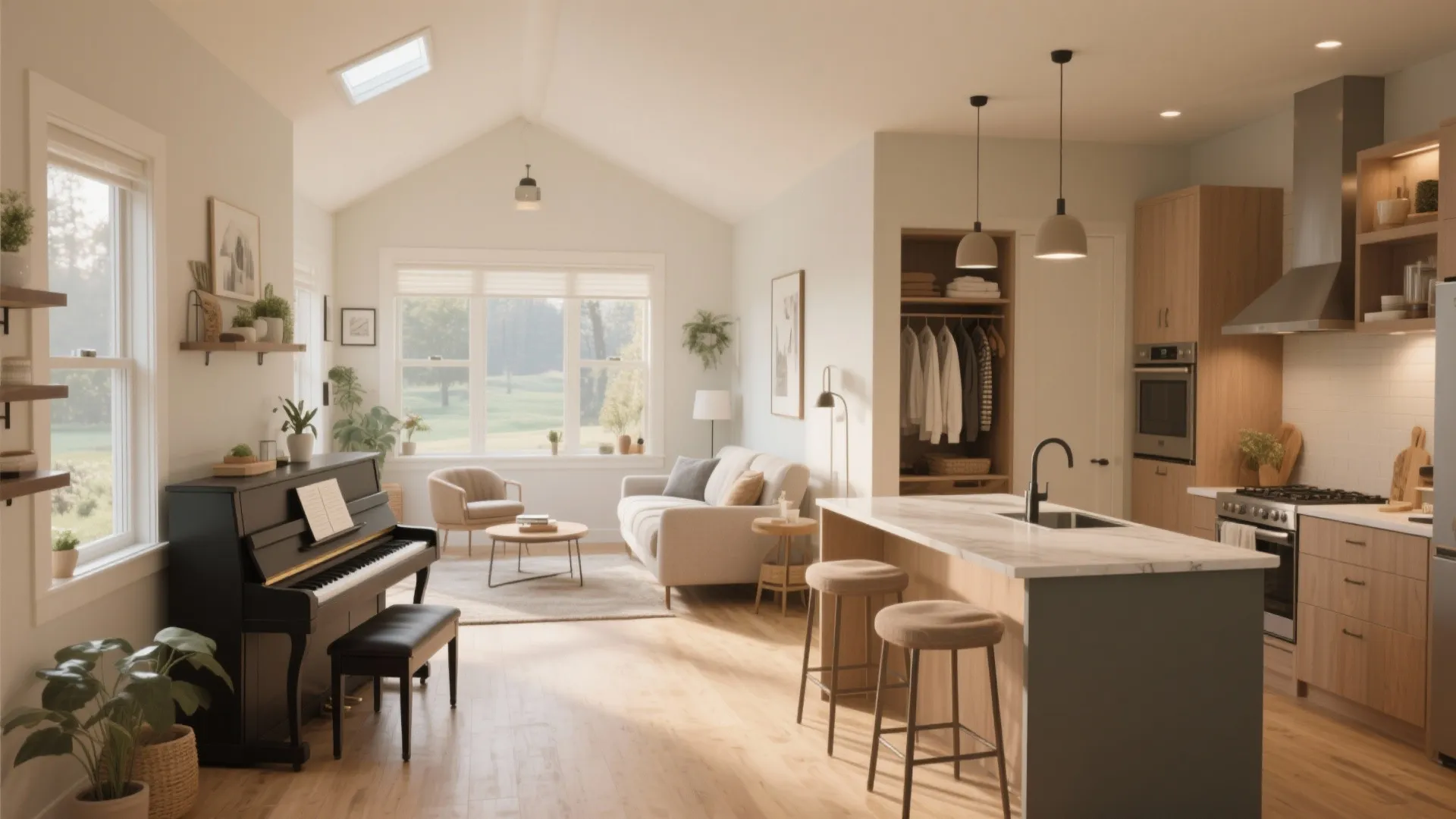 Open plan kitchen and living room featuring a black piano island with stools and sofa