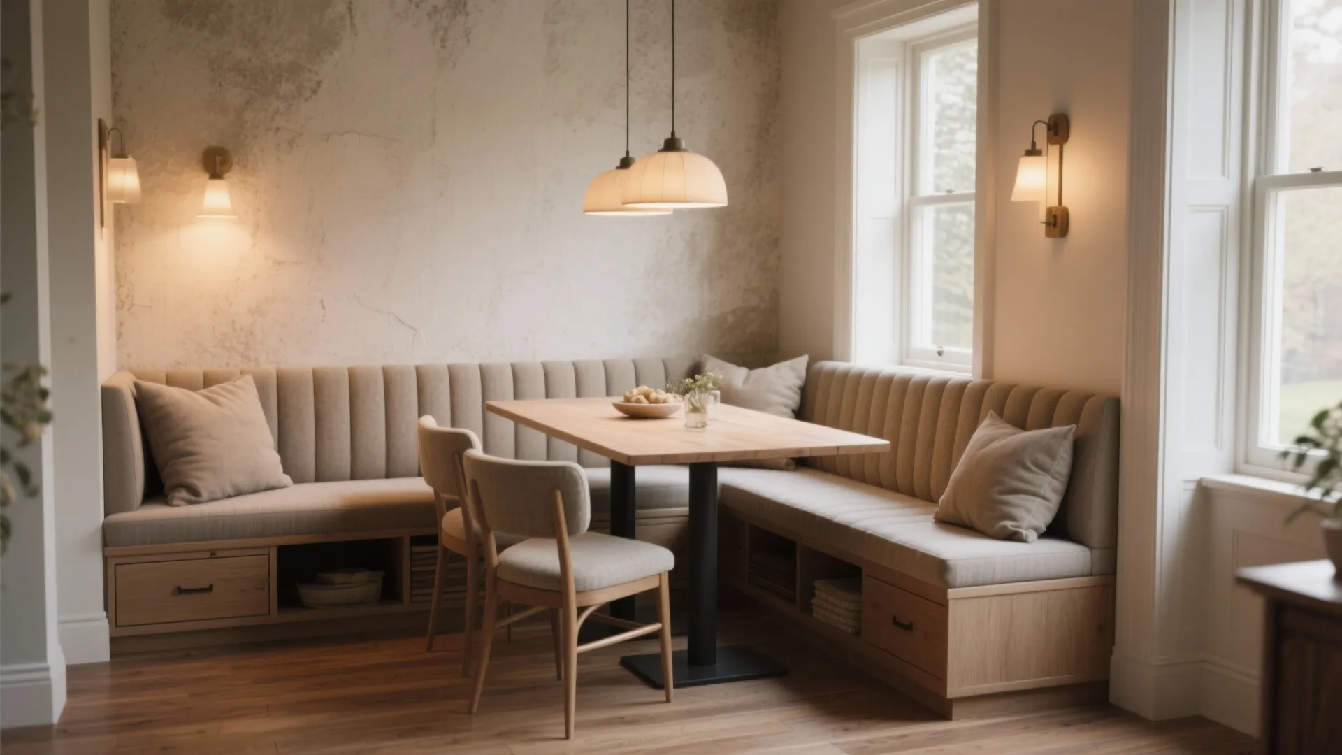 Modern dining corner with built-in bench seating, wooden table, beige chairs, and warm wall lights