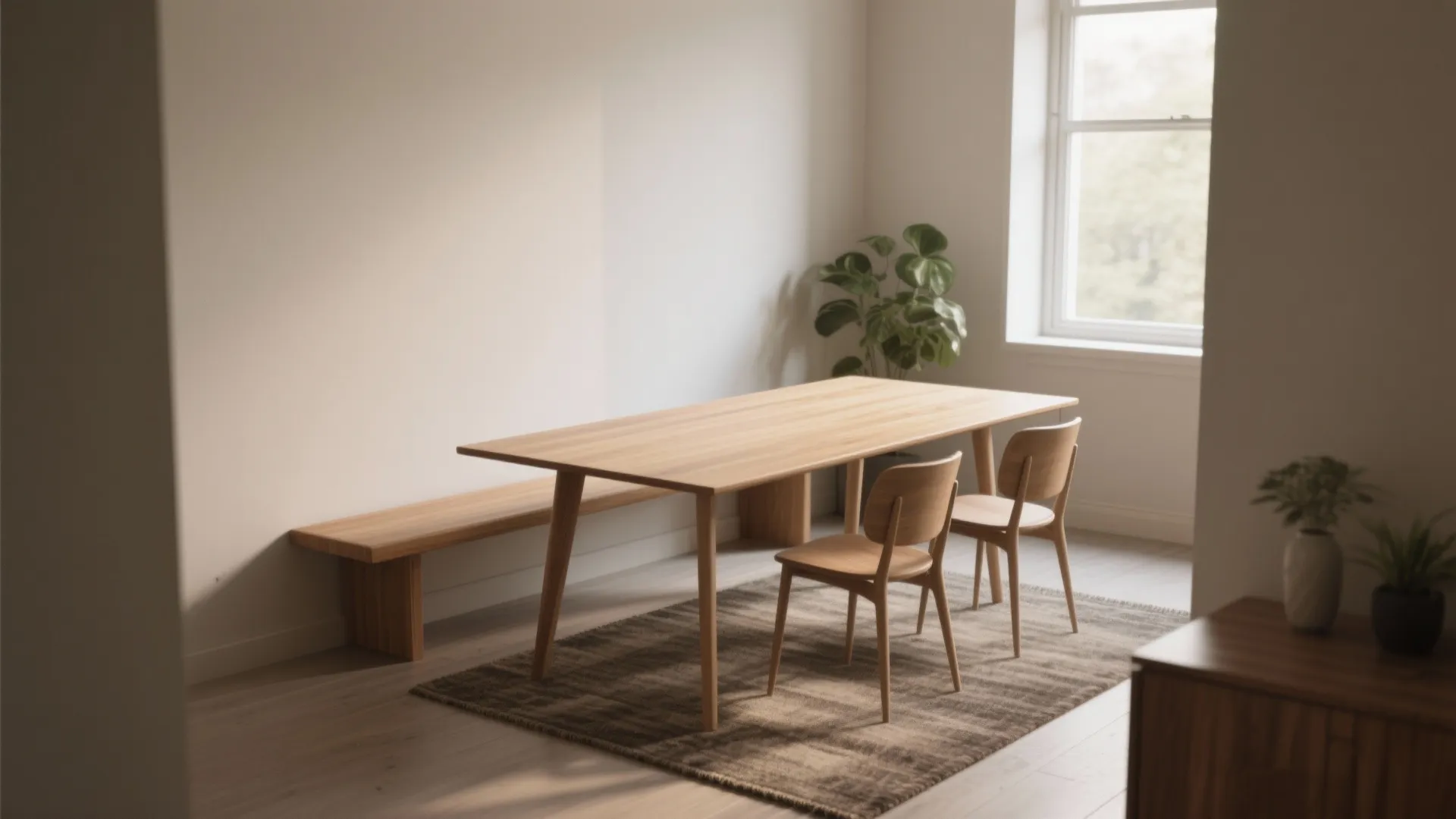 Modern wooden dining table with a long bench and two chairs on a textured rug