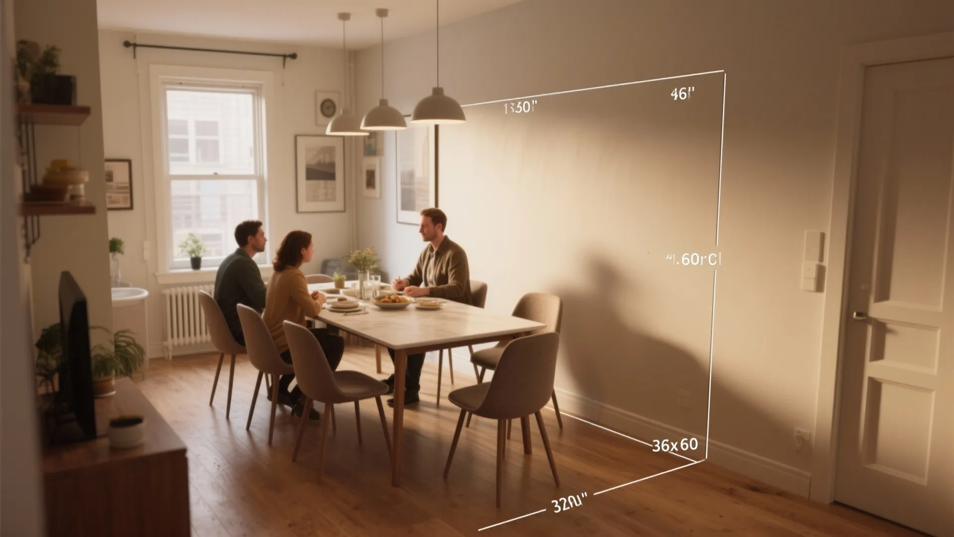 People sitting at dining table with white measurement lines showing wall clearance in bright room