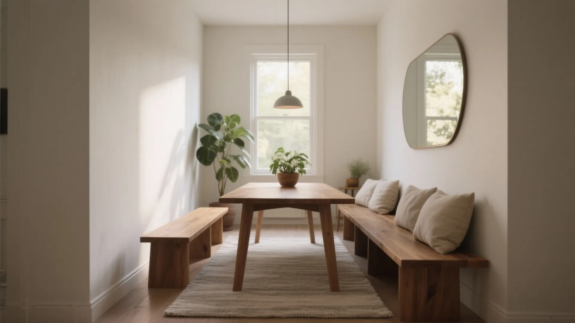 Minimalist dining room with wooden table, matching benches, white walls, green plant, and ceiling light