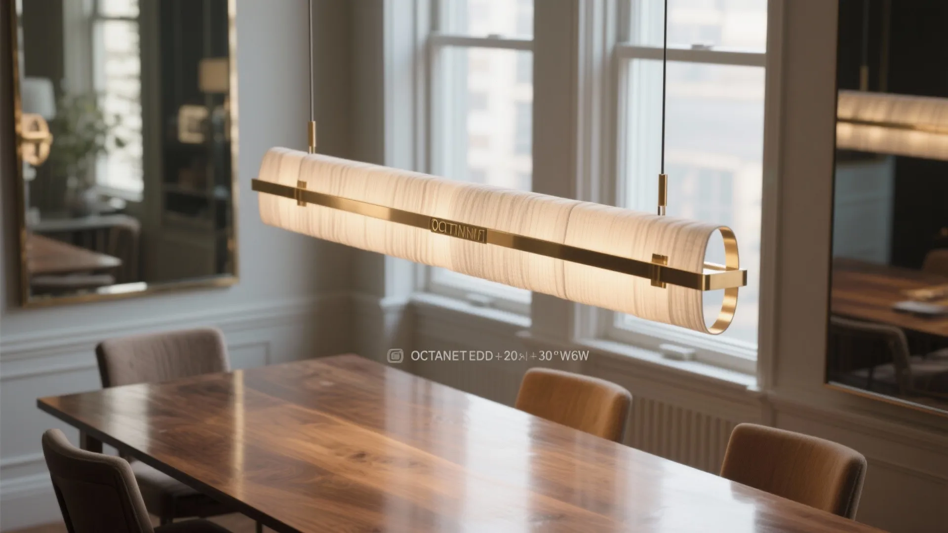 Long modern horizontal light fixture hanging over a wooden dining table in a bright room