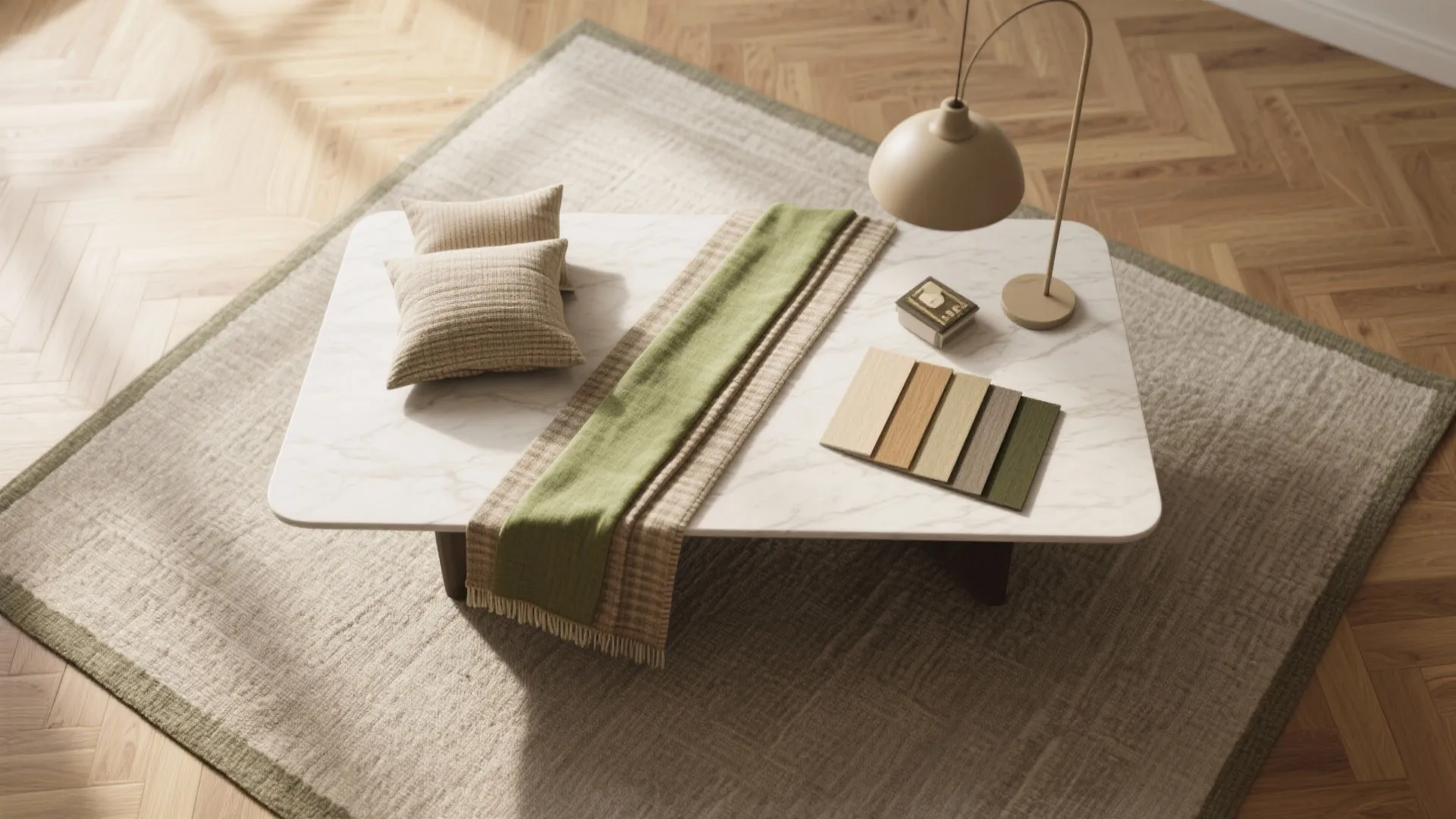 Top view of marble coffee table with fabric samples, pillows, and lamp on grey rug