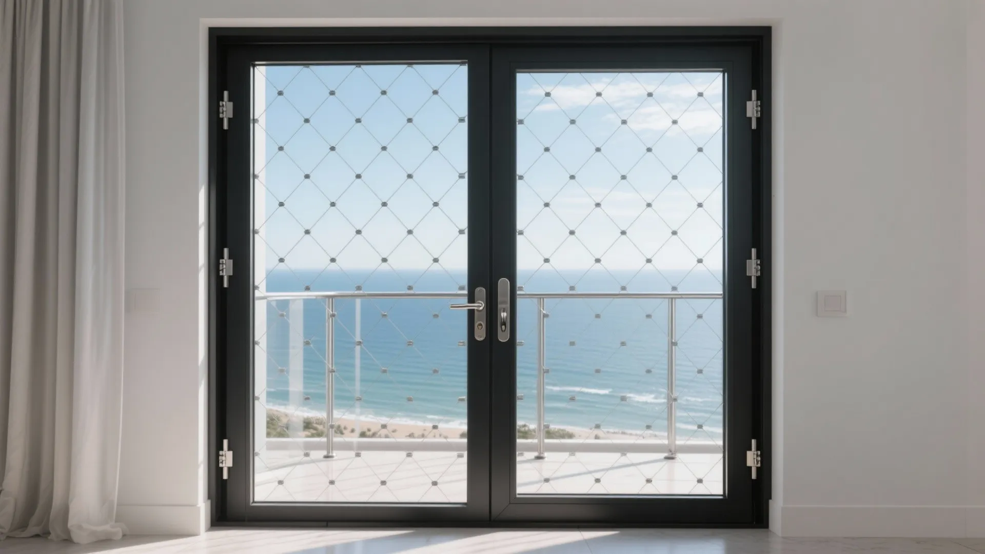Black glass doors with metal safety mesh looking out towards a sunny blue ocean view