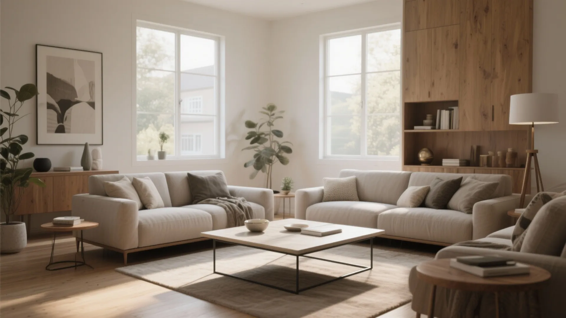 Modern living room with two cream sofas, a wooden coffee table, large windows and indoor plants