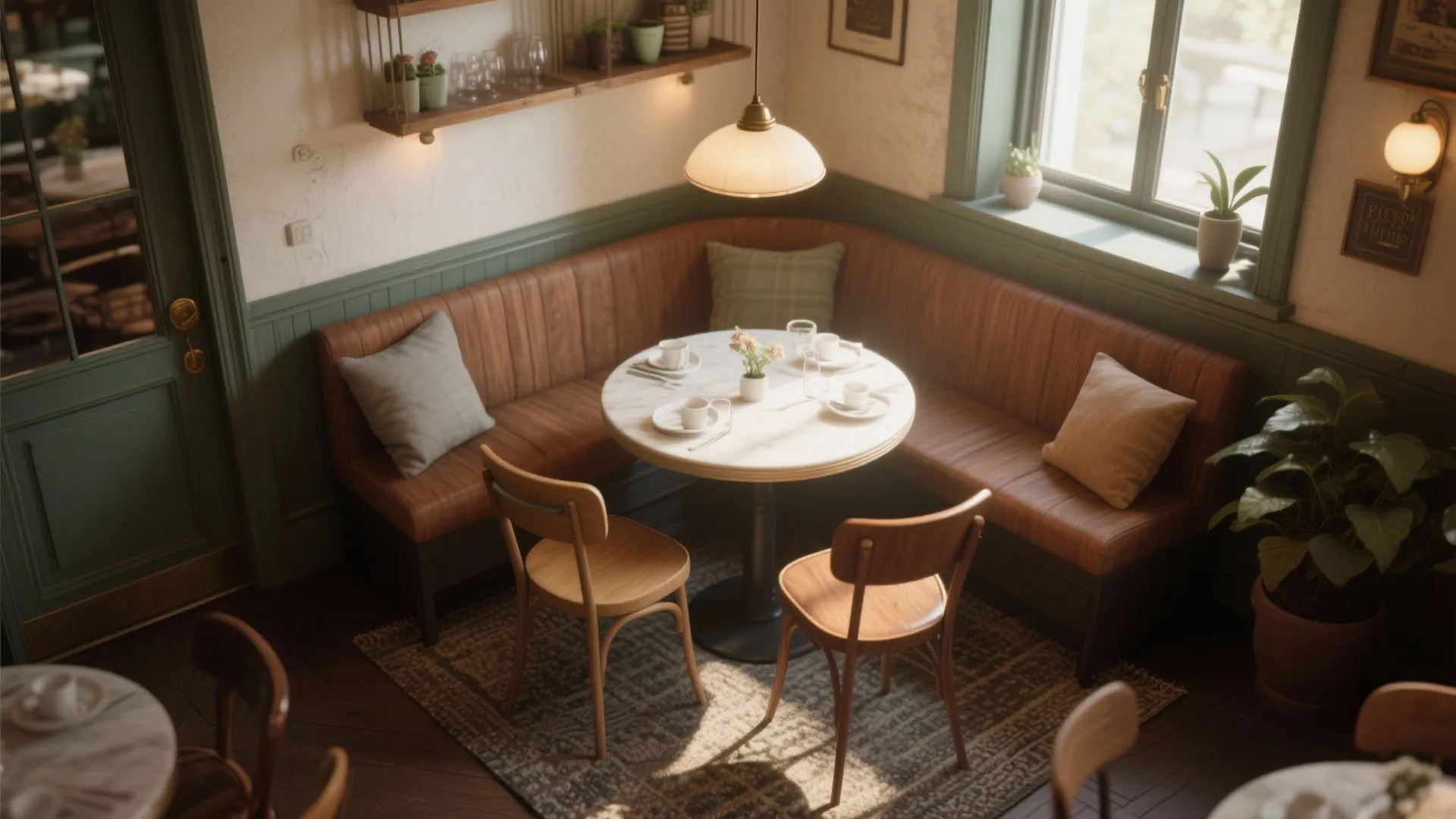 Cozy dining nook featuring brown leather sofa, round white table, wooden chairs, and ceiling light