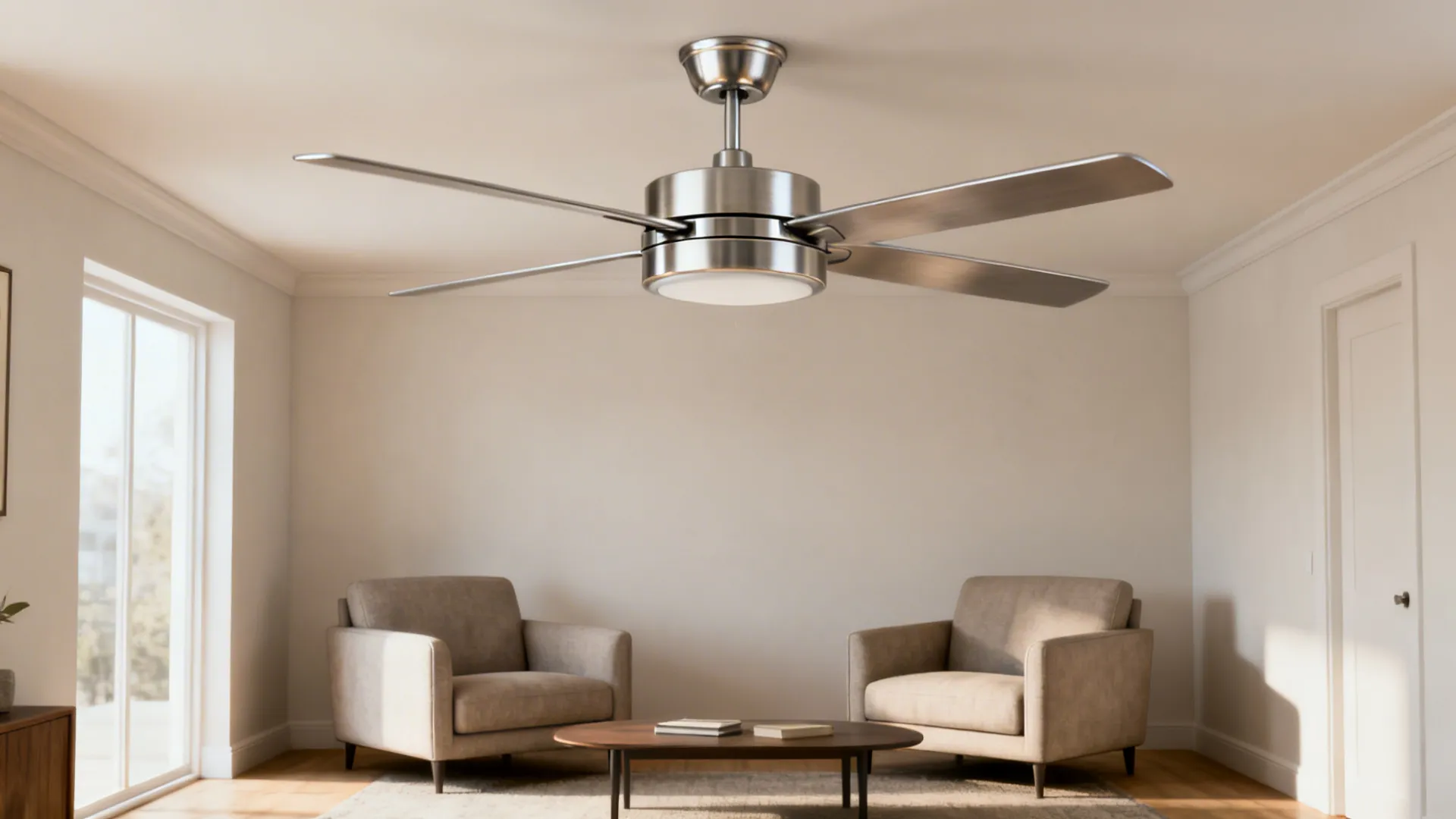 Compact 36–42 inch ceiling fan showing blade span proportion over a small sofa and coffee table.