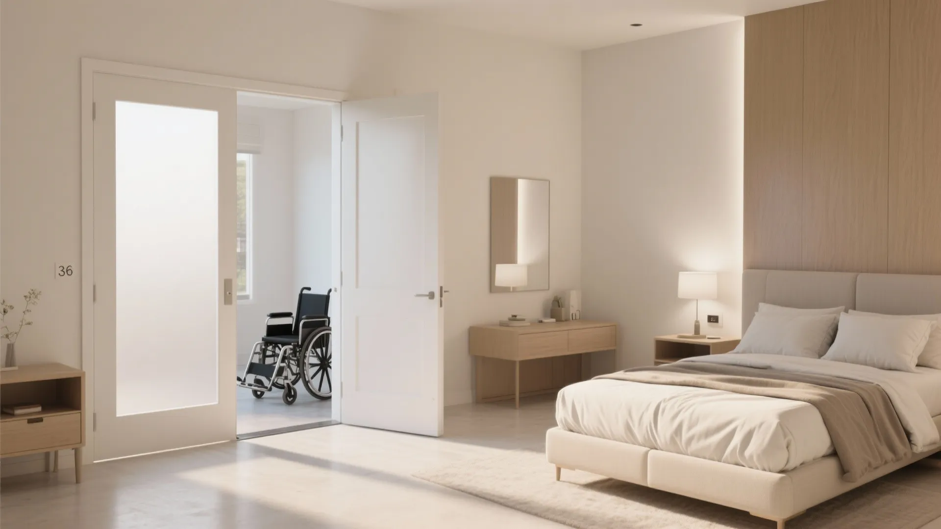 White modern bedroom with wooden furniture and open door showing wheelchair in the next room