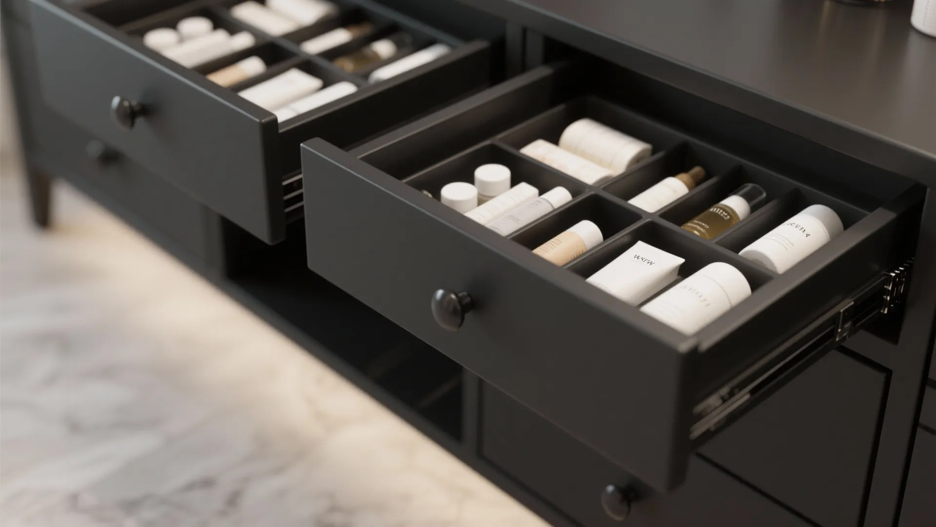 2. Two-drawer 36" black vanity for organized storage