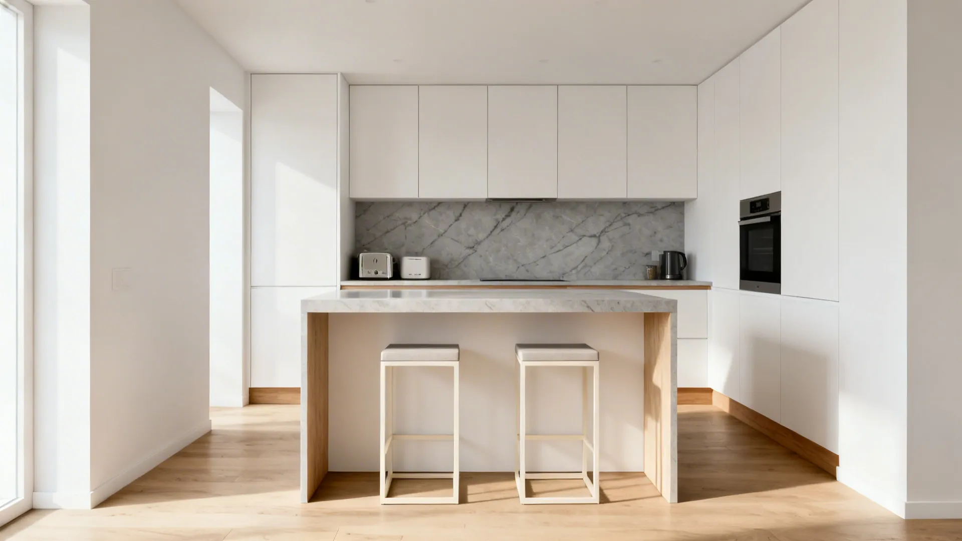 Minimalist 36-inch breakfast bar blends with cabinetry, featuring slim stools and a waterfall end.