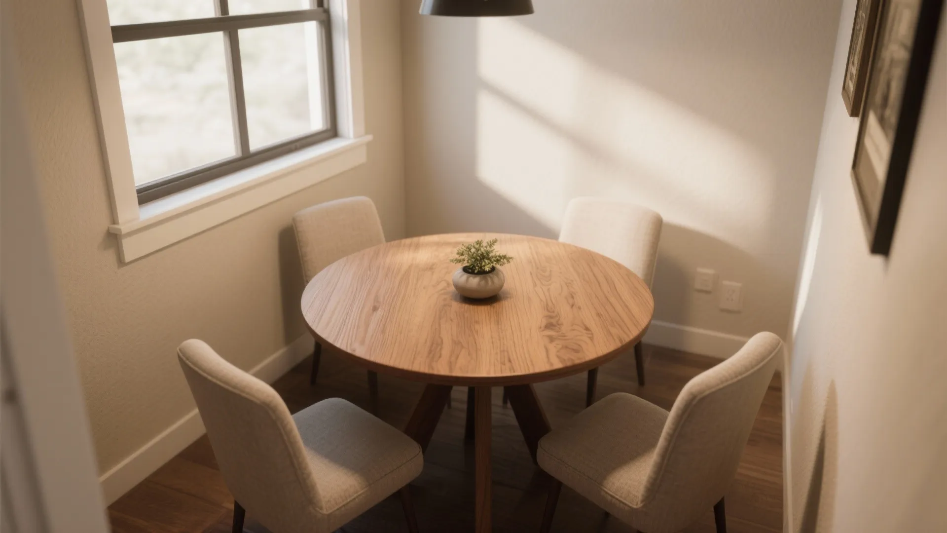 Round wood dining table with four beige chairs in a small room with large bright windows