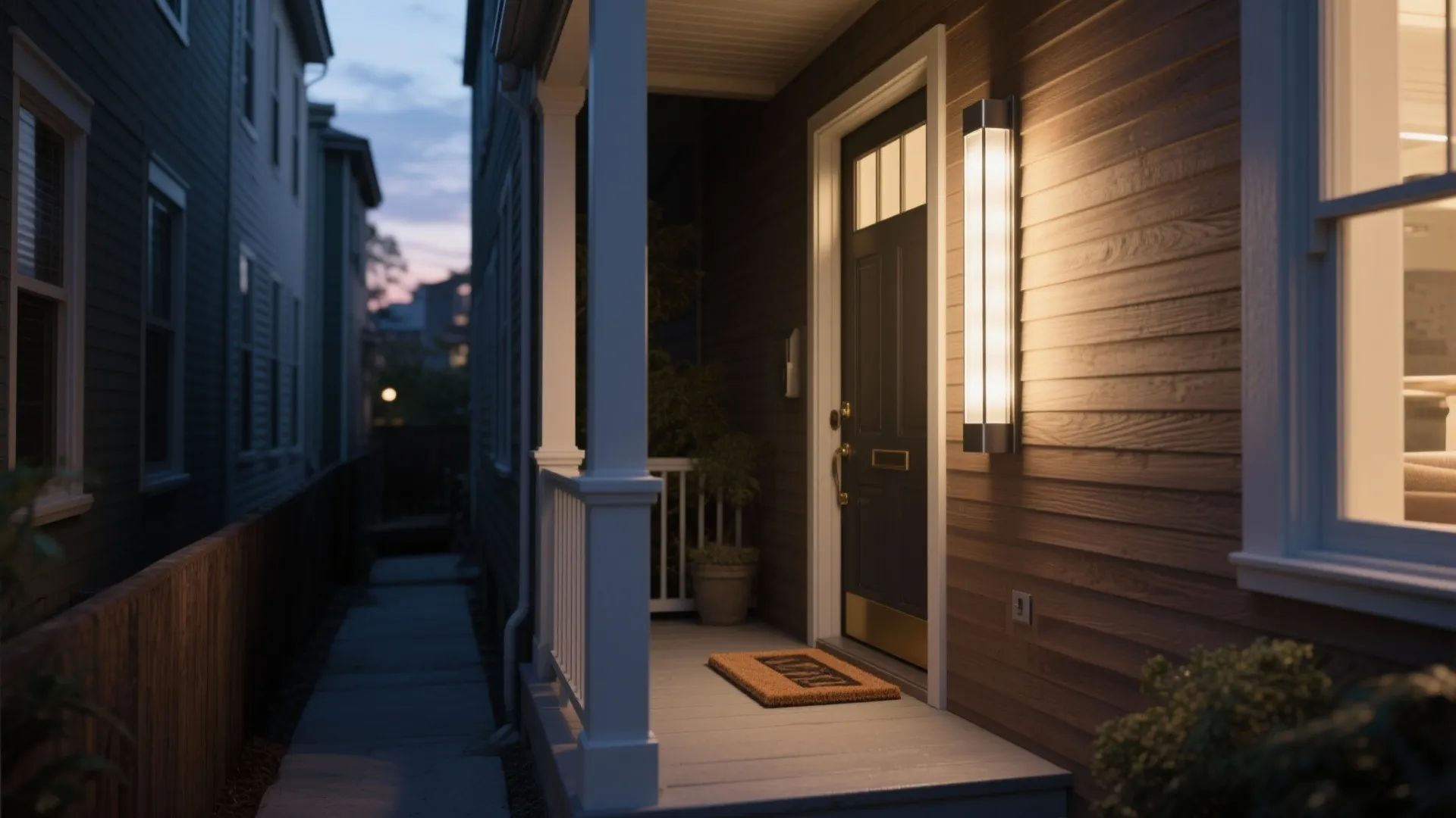 Modern front porch at night featuring a long vertical wall light next to a dark door