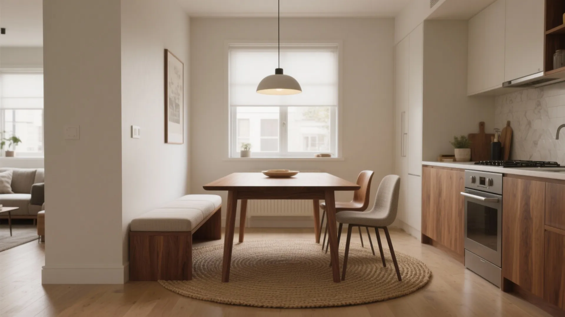 Modern wooden dining table with chairs bench round rug and white ceiling light in kitchen