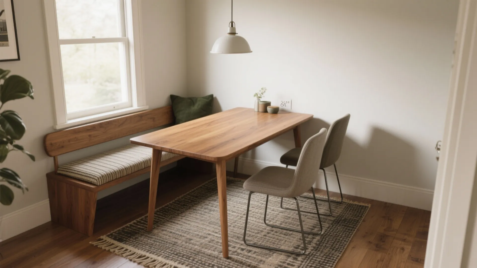 Small dining area featuring wooden table striped bench two grey chairs and white ceiling light