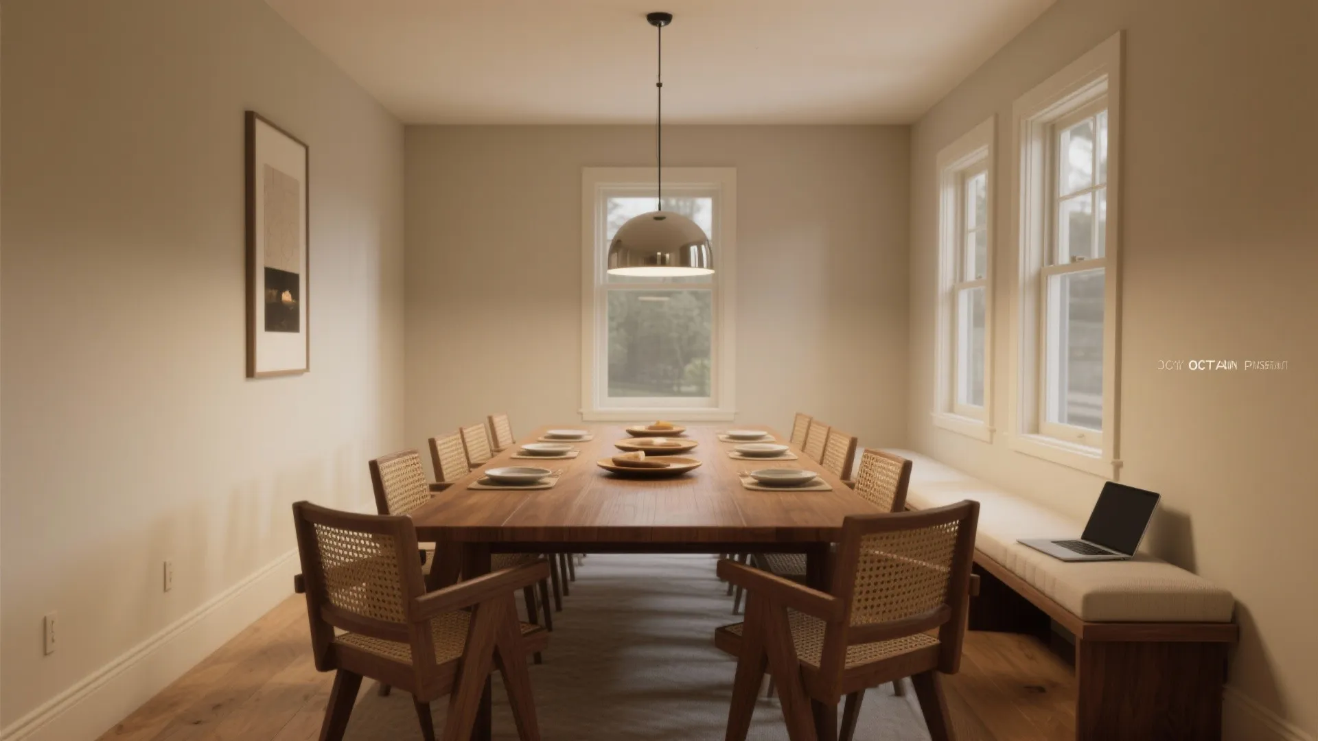 36x72 rectangular dining table aligned along the room axis with bench seating and clear circulation.