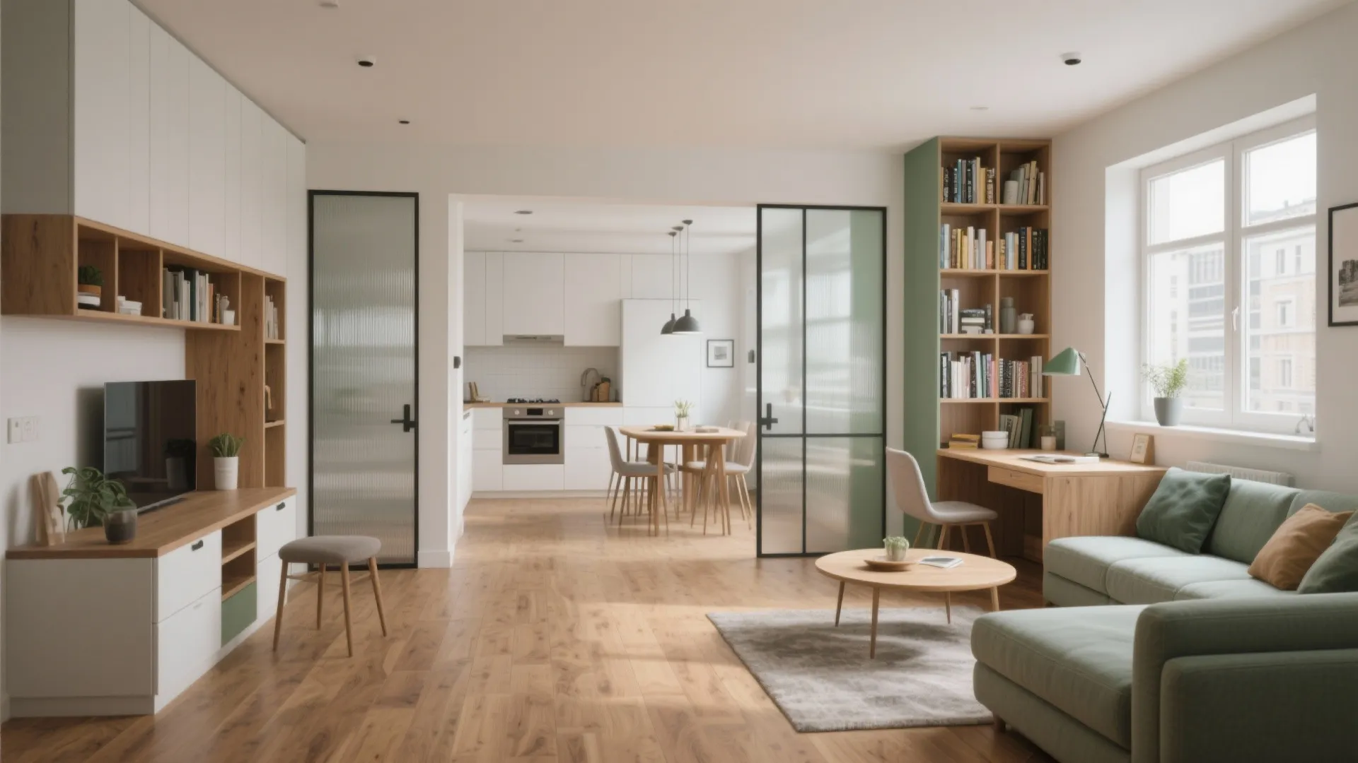 Modern open-plan living room with green sofa wooden floor glass doors and small office area