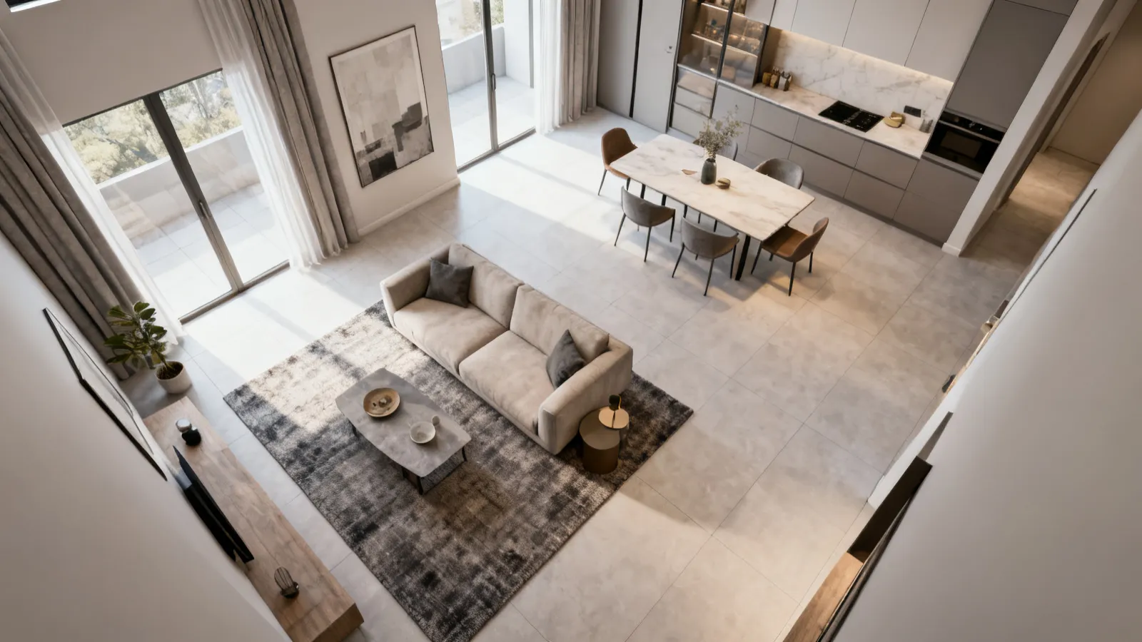 zoned living and dining area layout in a 3 BHK flat