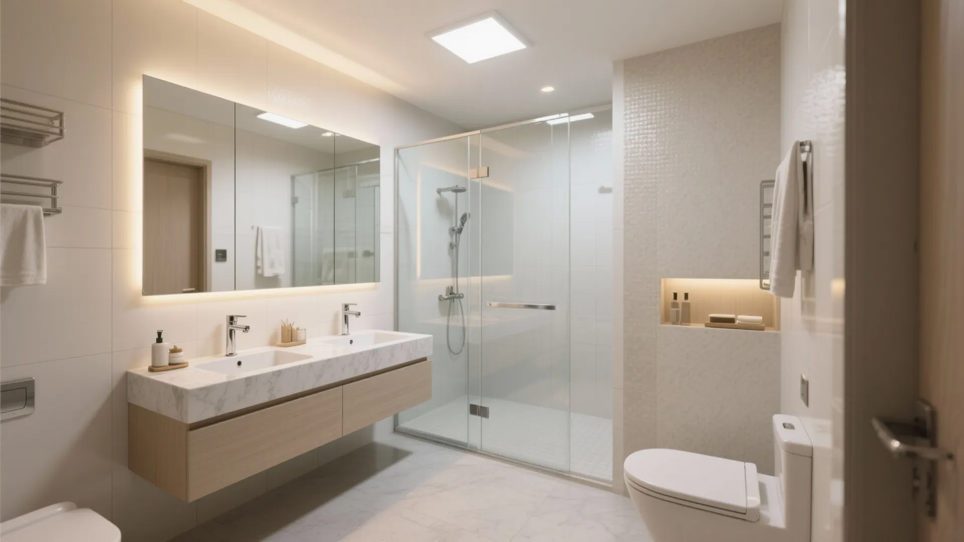 Bright white bathroom featuring double sink vanity with mirror and a glass walk in shower