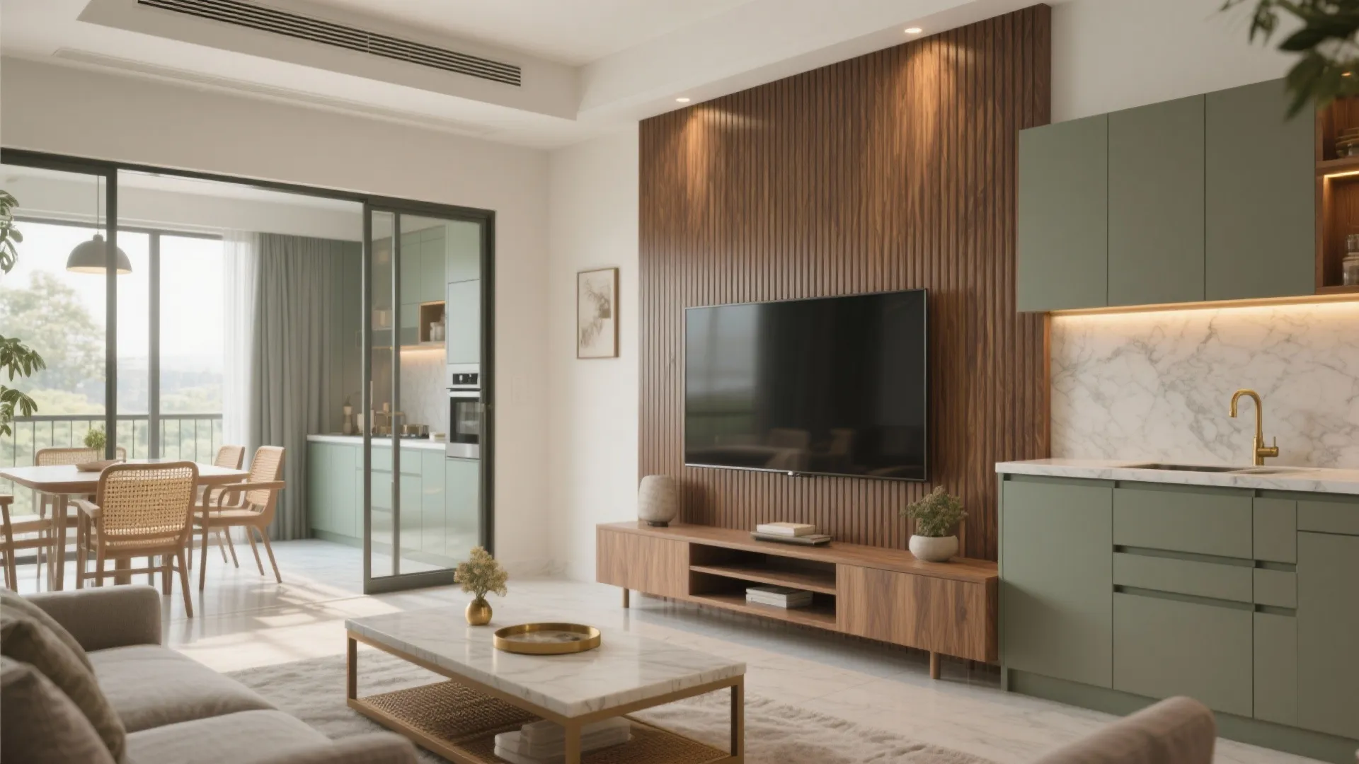 Modern living room design featuring green cabinets wooden wall panels television and marble coffee table furniture